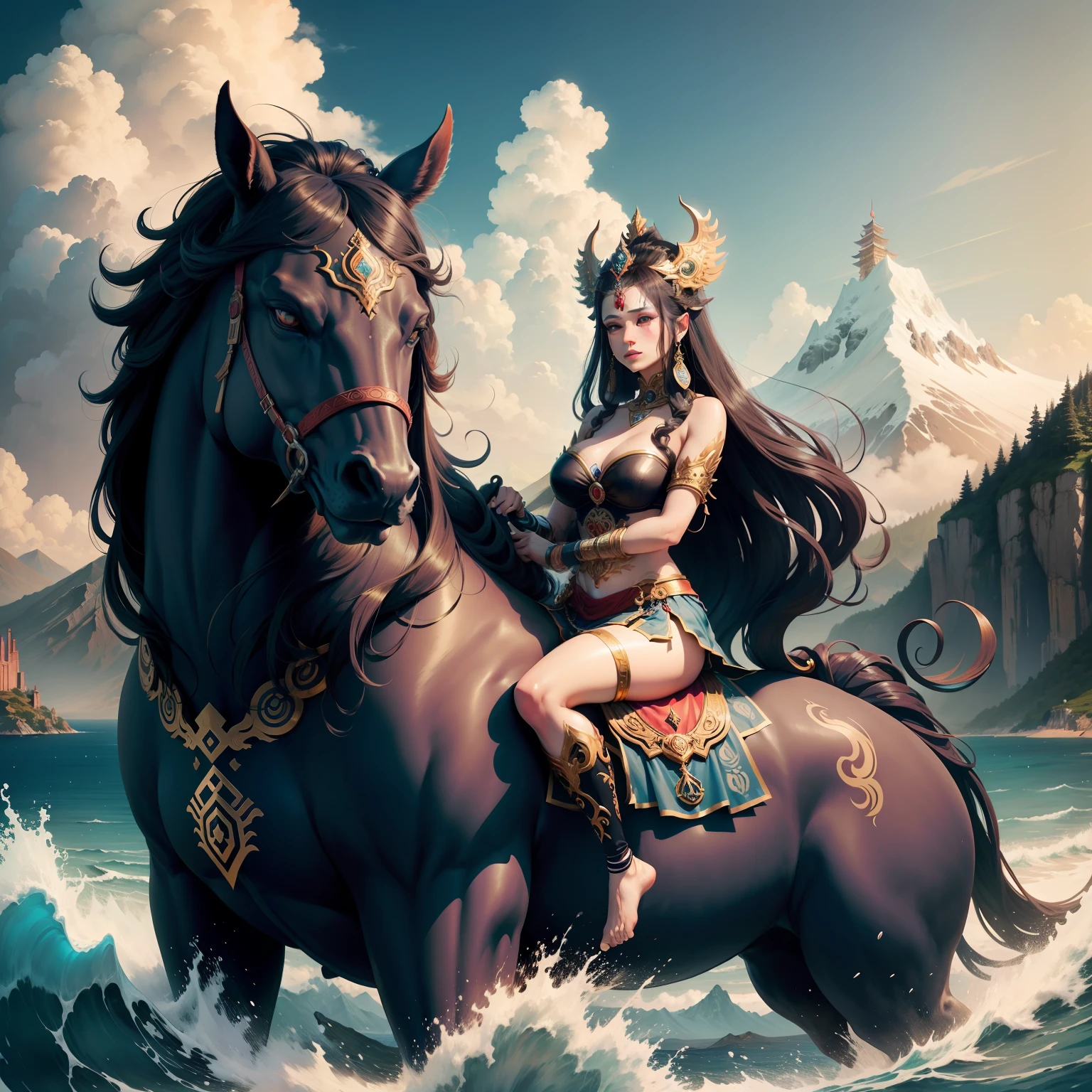 Mountain and Sea Sutra，The goddess rides the divine beast，Mythological background，hyper-detailing，plethora of colors
