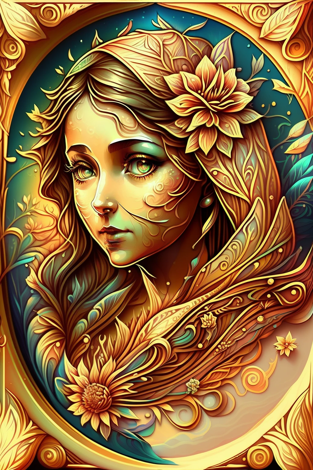 um close up de uma pintura de uma mulher com uma flor no cabelo, intrincada pintura digital, Retrato da deusa 3D, pintura digital | intrincado, arte digital intrincada, lindo arte digital, Grande arte digital com detalhes, mucha estilo 4k, intrincada obra-prima colorida, Arte bonita UHD 4K, arte digital detalhada, Arte digital altamente detalhada em 4k, bela arte digital