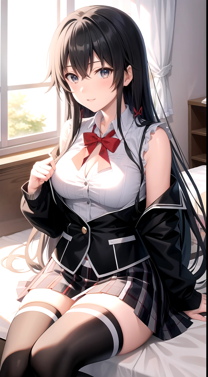 Yukino yukinoshita, long hair, medium breast, cleavage, navel, slim legs, black hair, blue eyes, short skirt, thigh high socks, teen, happy,