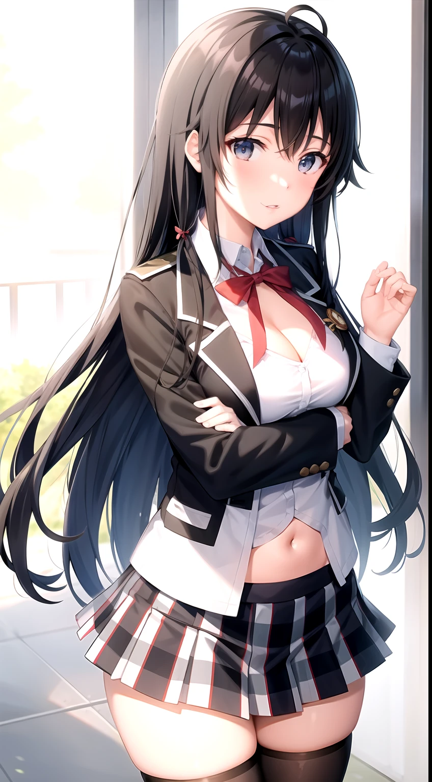 Yukino yukinoshita, long hair, medium breast, cleavage, navel, slim legs, black hair, blue eyes, short skirt, thigh high socks, , happy,