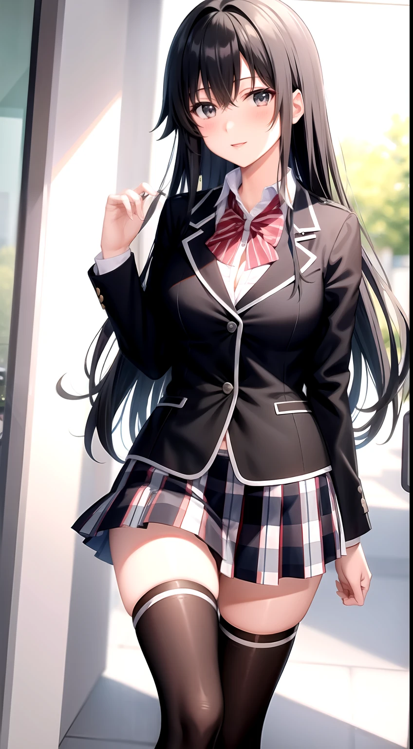 Yukino yukinoshita, long hair,  medium breast, cleavage, navel, slim legs, black hair, blue eyes,  short skirt, thigh high socks, teen, happy,