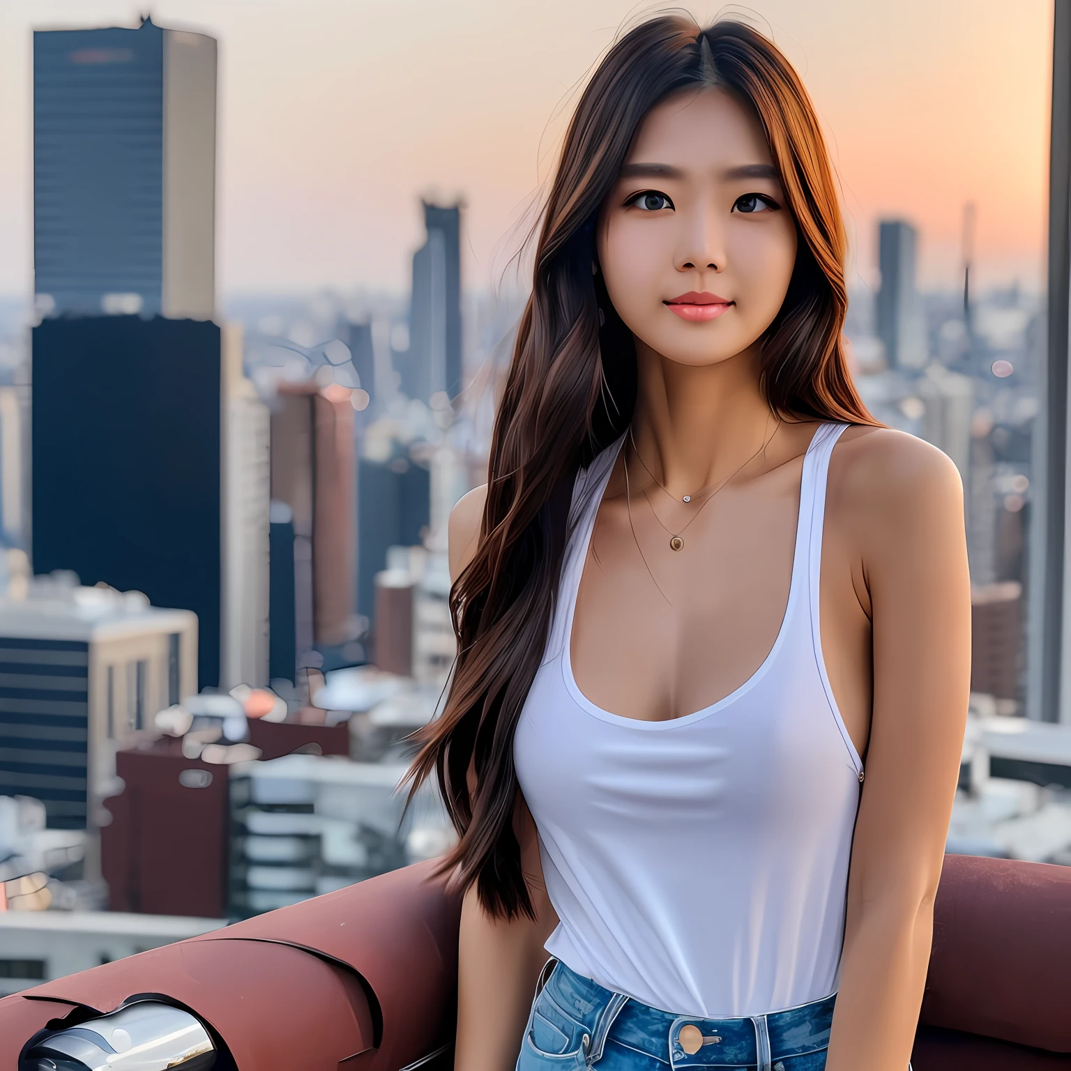 ((Midnight, Best quality, 8k, Masterpiece :1.3)), Whole body, Long legs, Sharp focus :1.2, A pretty woman with perfect figure :1.4, Slender abs :1.1, ((Dark brown hair, Big breasts :1.2)), (White tight tshirt, Jean bib, Standing:1.2), ((Night city view, Rooftop:1.3)), Highly detailed face and skin texture, Detailed eyes, Double eyelid
