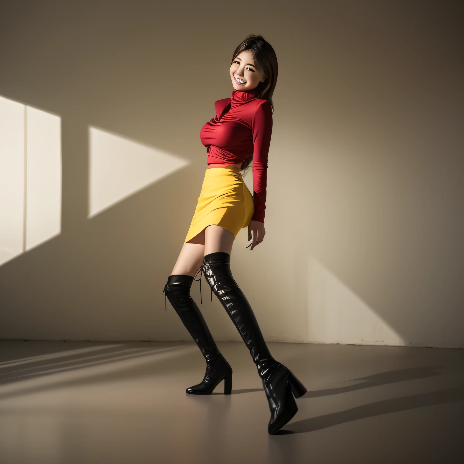 A woman wearing a yellow miniskirt，black long boots，Stand in front of a red sports car，Look at the camera with a smile，4K