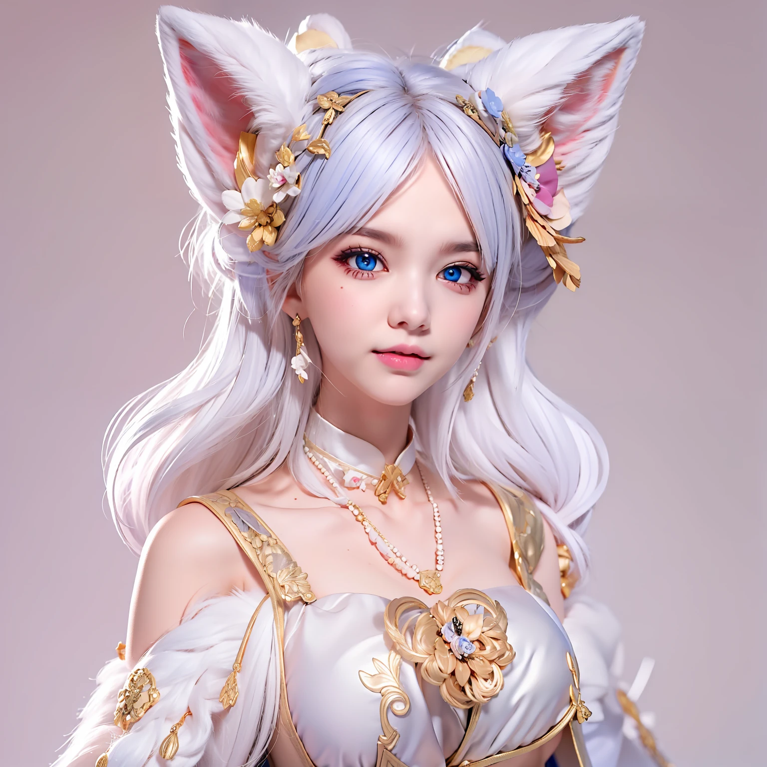 Fox ears white hair girl，fluffy fox ears，fox tails，No ears，Pink floral maxi dress，A beauty with only fox ears，Hair clogs the ears，Fox girl，Fox eyes，Enchanted，Charming，16k， best qualityer， tmasterpiece， 1womanl， 独奏， mature， Raised sexy， Highly detailed face and eyes， professional make-up， ，， glow blue eyes，Fox ears white hair girl