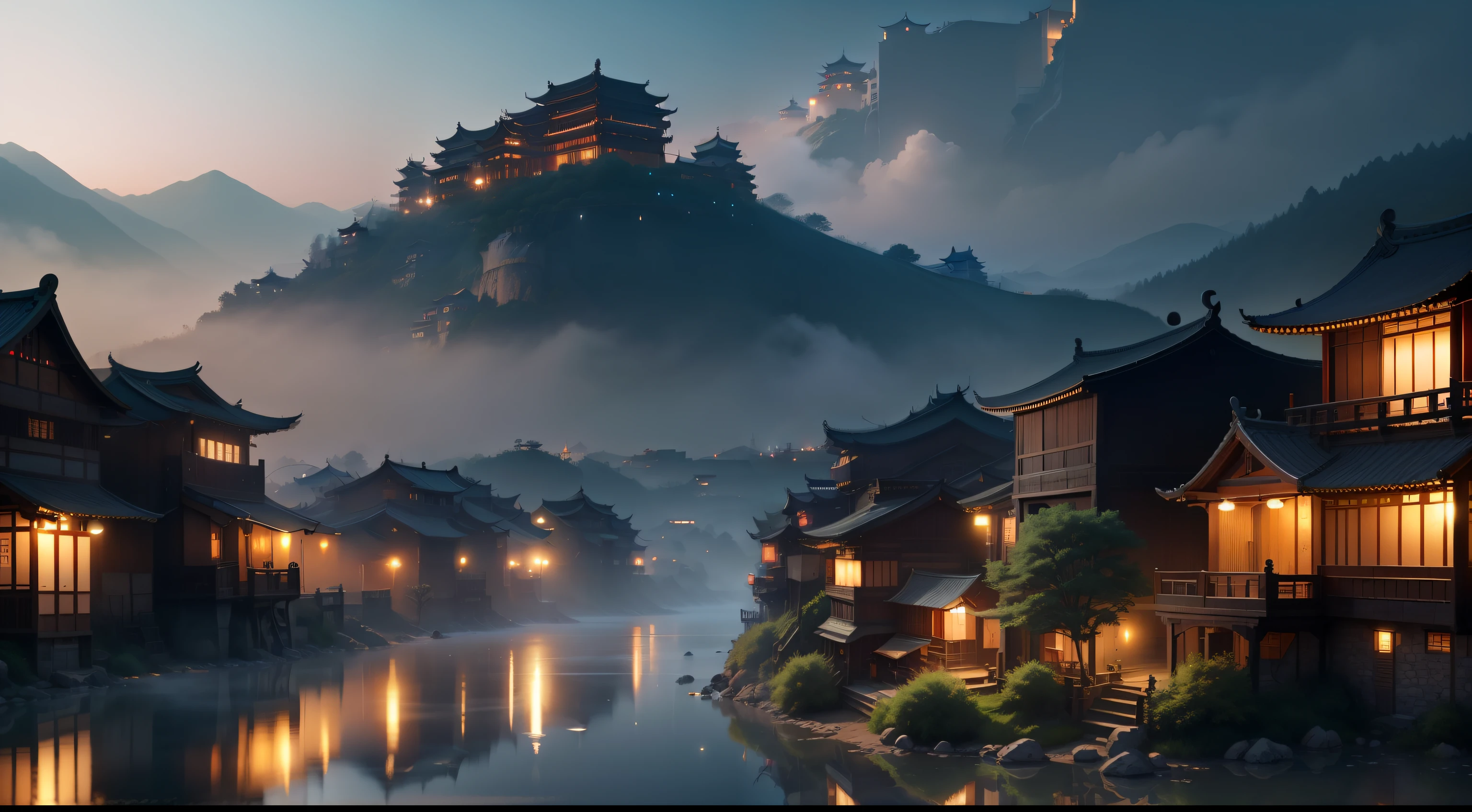 Arafed view of a village,a lot of lights on the buildings,dreamy Chinese towns,zori, Chinese village in the morning,Amazing wallpapers,Oriental town,Chinese village,surreal photo of a small town,old asian village,Eastern city,Raymond Han,Ancient Chinese castles, Well-lit building, Morning in the fog, Beautiful and aesthetic, photography of, cinematic ligh, 8K, high detal ((Ground area water))