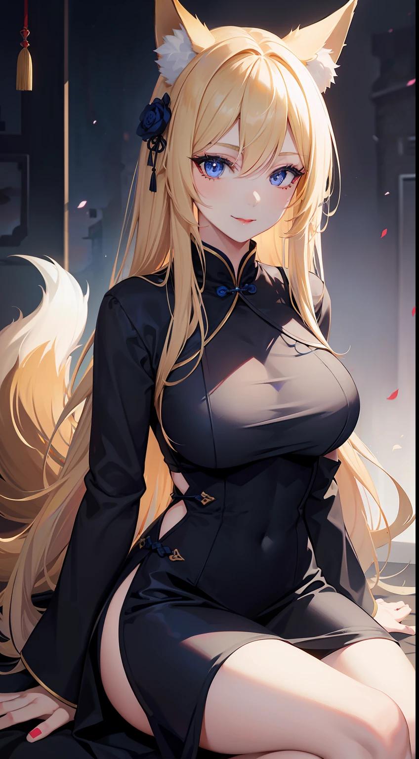 Adult woman, longue blonde hair, The eyes are blue, fox ears and tail, Black Chinese dress, ssmile, blue lipstick, Masterpiece, hiquality