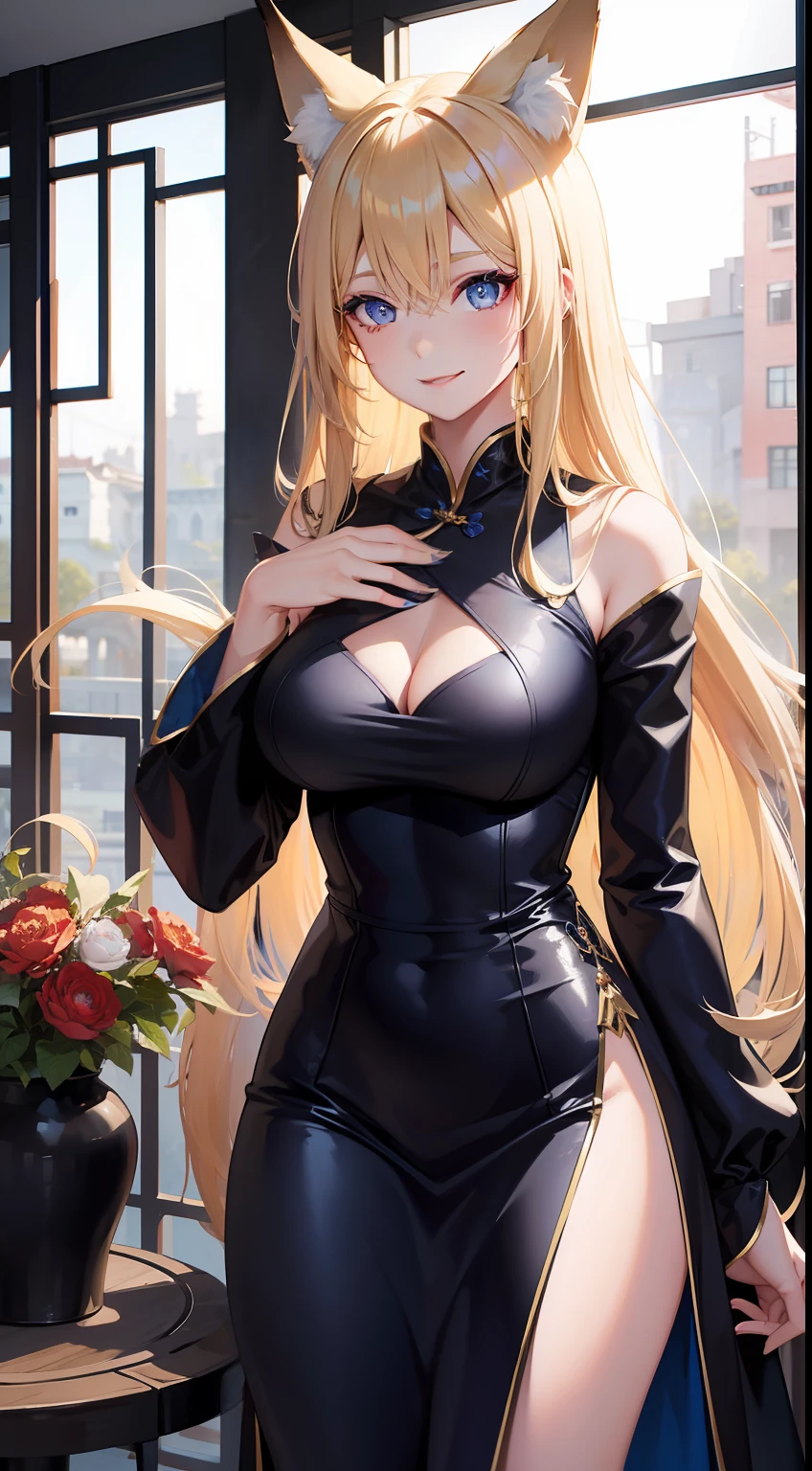 Adult woman, longue blonde hair, The eyes are blue, fox ears and tail, Black Chinese dress, ssmile, blue lipstick, Masterpiece, hiquality