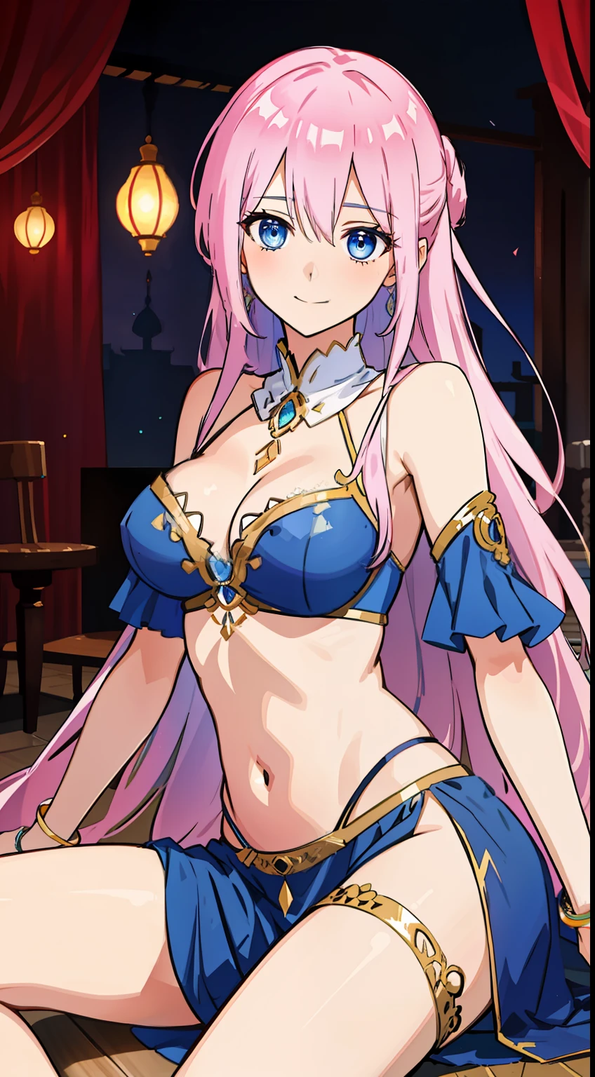 shikimori, medium breast, slim legs, blue gown, navel, skirt, standing, beautiful eyes, blue eyes, happy, arabian belly dancer, stage, sitting