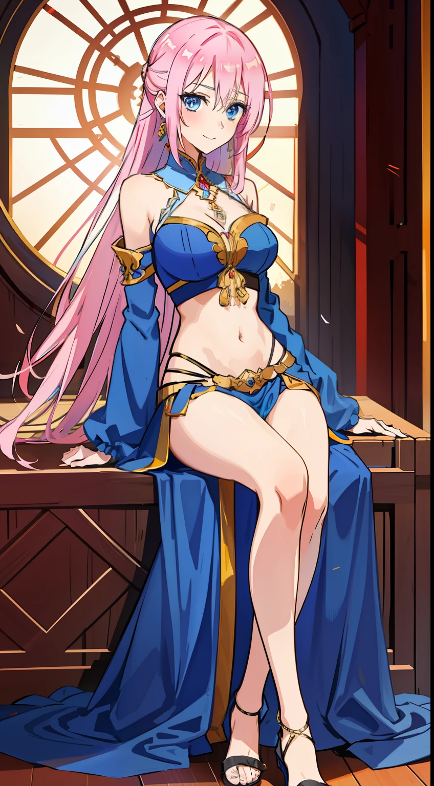 shikimori, medium breast, slim legs, blue gown, navel, skirt, standing, beautiful eyes, blue eyes, happy, arabian belly dancer, stage, sitting