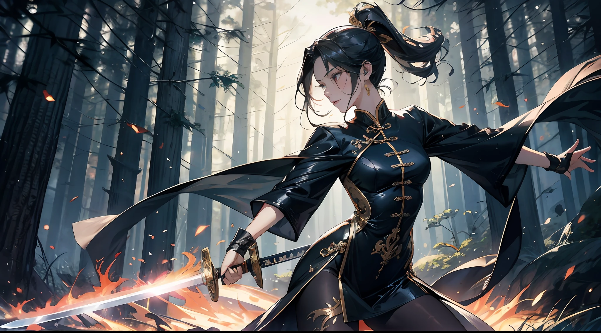 Best picture quality,tmasterpiece,超高分辨率,16k,Very detailed faces,art stations,poster for,The intense use of color,Dramatic composition,电影灯光,One-man display,Absolutely beautiful,Glowing sword,Girl with sword in hand,black color hair,black ponytail,Chinese tight-fitting dress in gold silk,leotard skirt,embroidery,Standing motion,looking at the distance,Woods background,the woods,Front Shooting,Sword suspended in the air