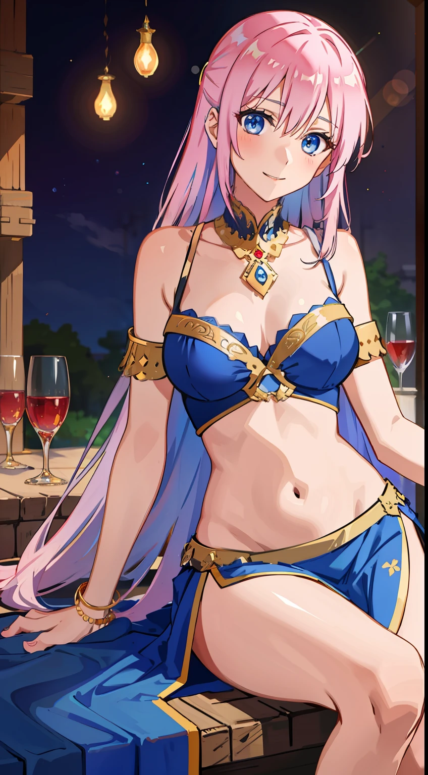 shikimori, medium breast, slim legs, blue gown, navel, skirt, standing, beautiful eyes, blue eyes, happy, arabian belly dancer, stage, sitting