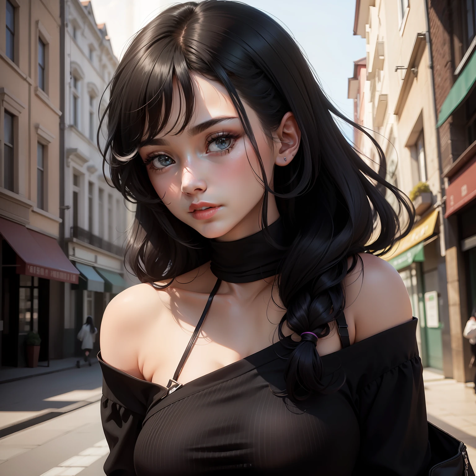 The young woman turned sideways to the right and her black hair was ultra-clear