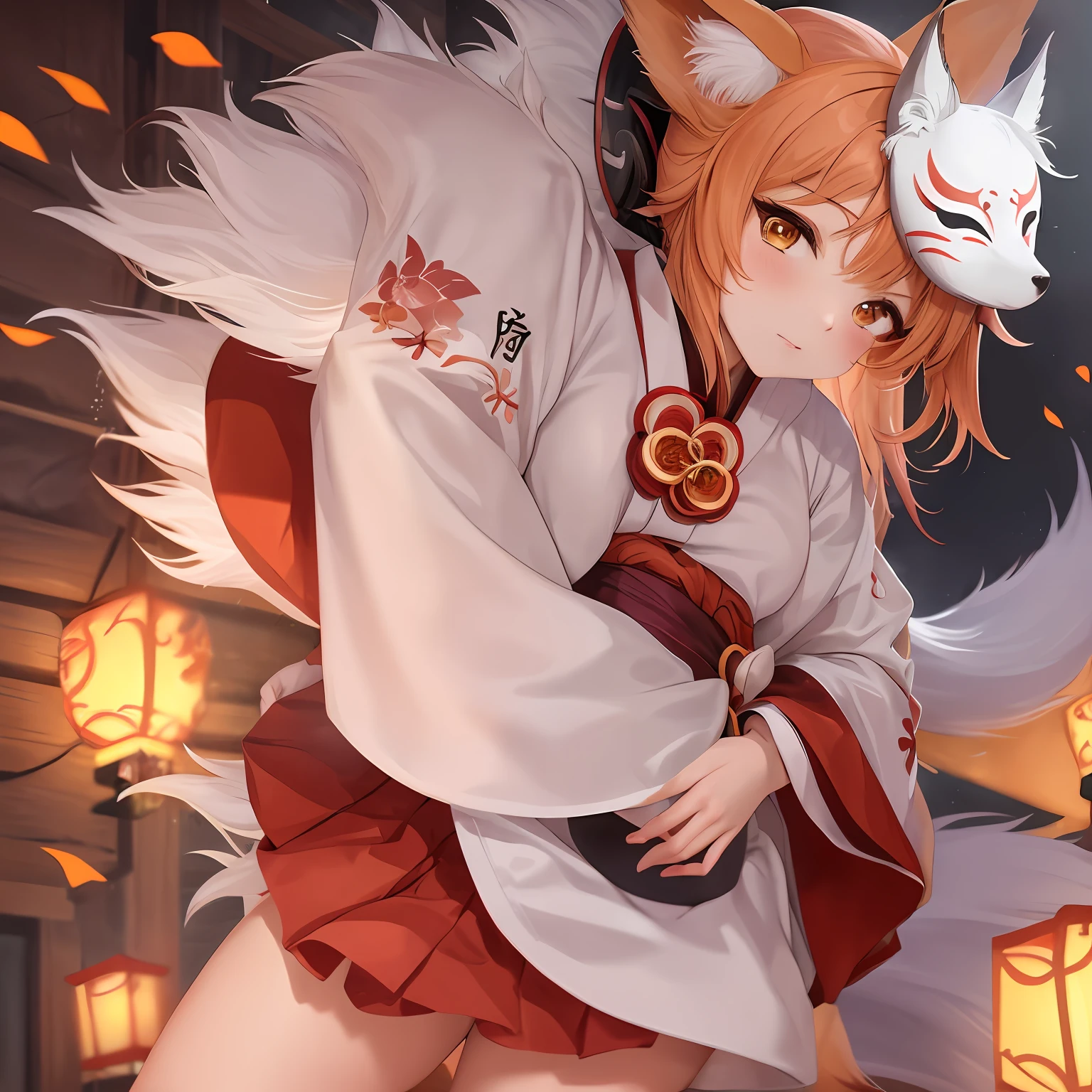 One girl in anime with a card holding a red skirt and a white yukata,ocher hair、 fox nobushi, foxes, Fox three-tailed fox, with kitsune mask, けもの, a beautiful kitsune woman、unrealengine