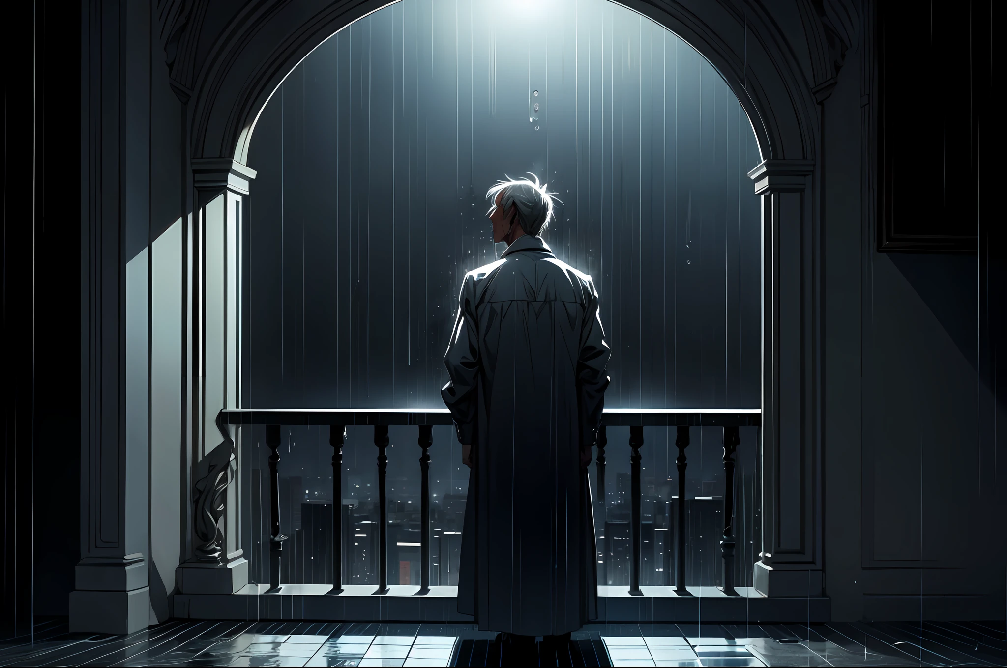 tall mature male, standing in the balcony, tears flowing, looking up, raining, dark surrounding, dim lighting