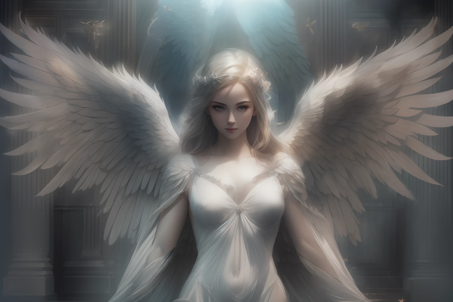 (((fullbody))) ANGELIC DELIGHT, BORN OF LIGHT, WINGED ANGELS, HEAVEN SENT, masterpiece, highly detailed, photorealistic, high resolution, spectral form, cinematic noir lighting, surreal photorealism, strong detailing