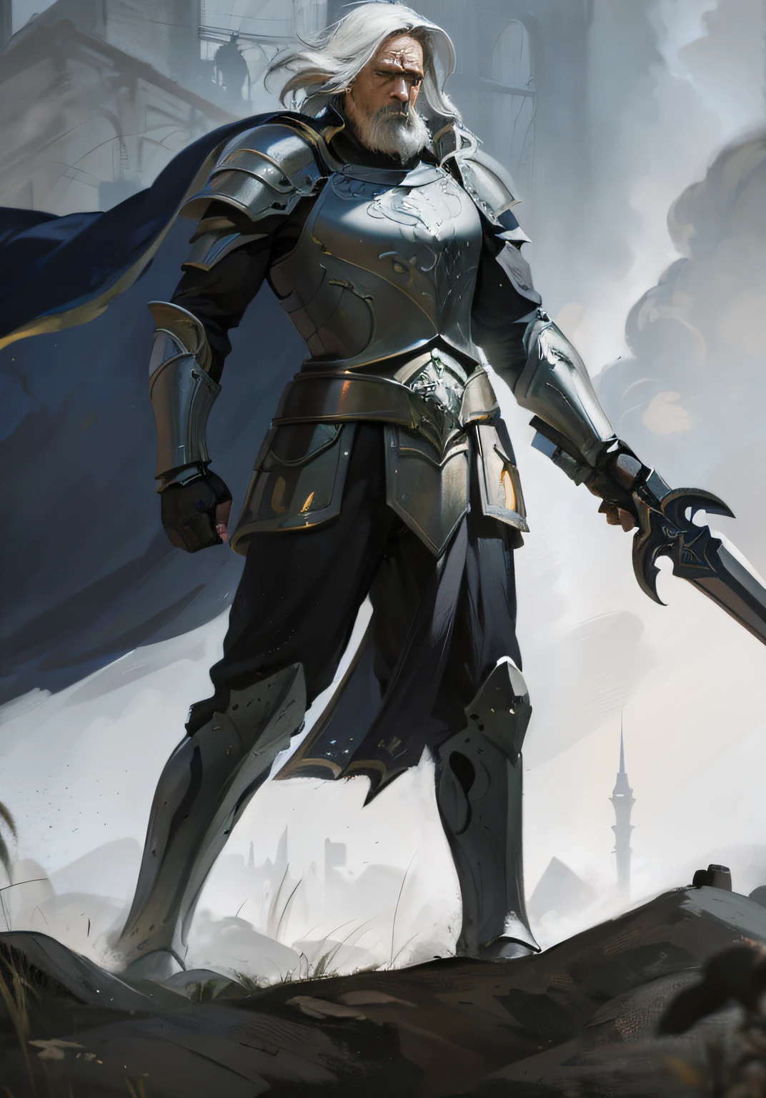 Handsome old man, A man in armor holding a sword, Male paladin, A human male paladin, concept art of a warrior, heroic fantasy character concept, armored warrior, grey armor, armored knight, fantasy paladin man, escala cinza, clothed in stealth armor, Wearing battle armor, fantasy knight, fantasy character concept，Marvel，a old man、，realisticlying，dynamic lights，Ex，Gray stubble，full shoot，（非常详细的 CG 统一 8k 壁纸），Trends on ArtStation，Trends on CGSociety，high detal，tack sharp focus，dramatic，Photoreality