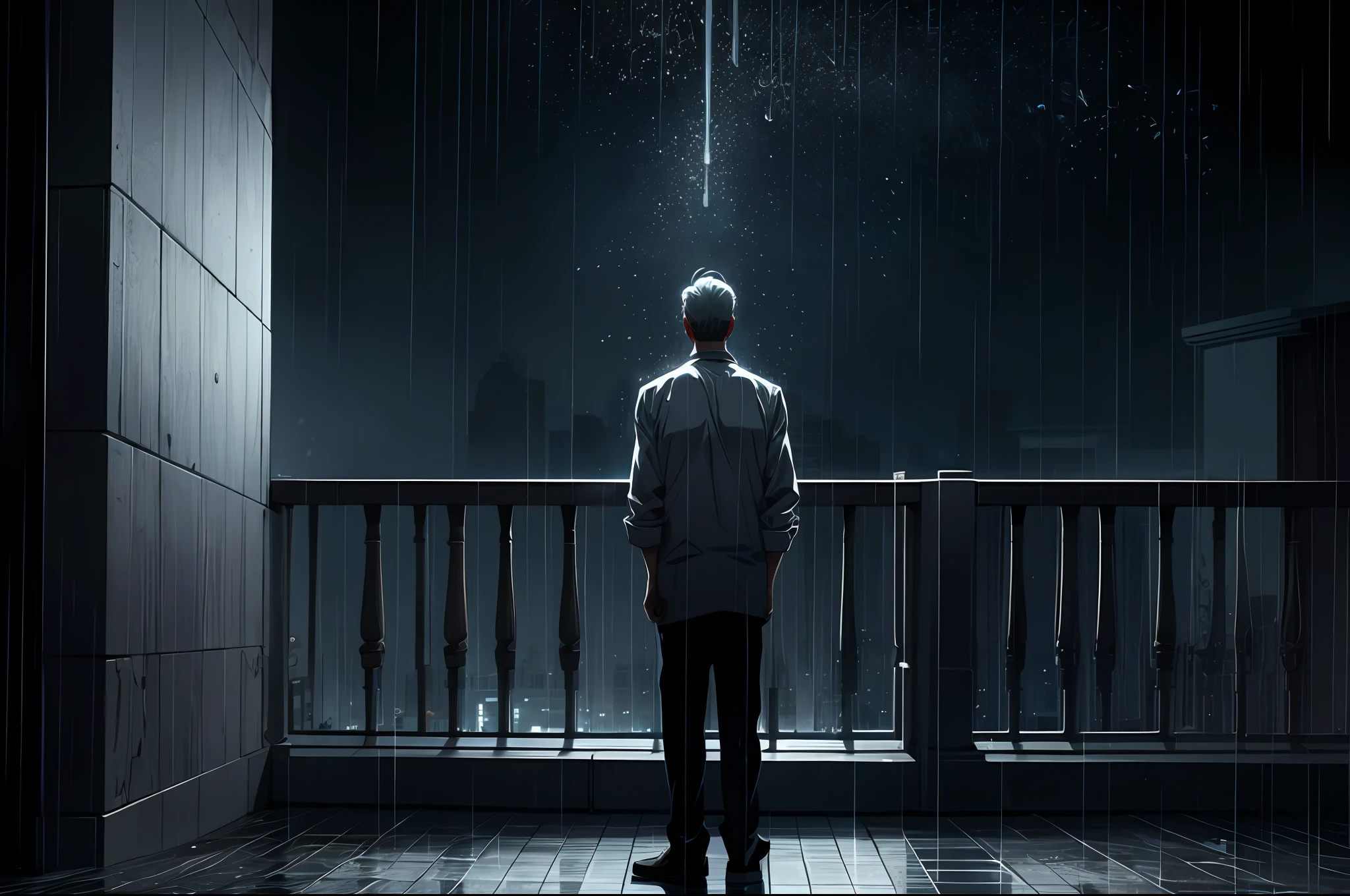 tall mature male, standing in the balcony, tears flowing, looking up, raining, dark surrounding, dim lighting