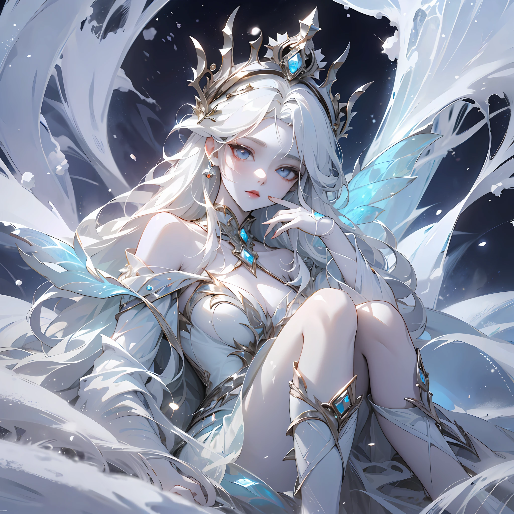 1 woman with a crown,the night,Sit in the Ice Palace,queen of ice,dream colors,Beautiful and elegant snow queen, Guviz, Fantasy art style, 8K high quality detailed art, ice lord, Beautiful and seductive ice princess,digital fantasy art , ellegance, (long white hair,White-colored skin,The skin is translucent white,sparkle in eyes,Wearing a beautiful dress,beautiful face,Lonely pale face),Ice and snow,Particle,Glow,Guviz-style artwork, WLOP Art,