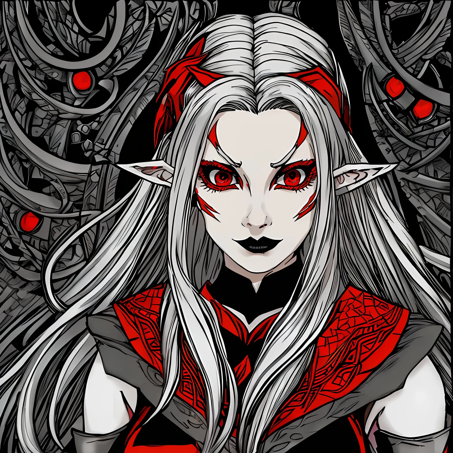 mellicent_ink, poster style, red, grey, white and black colors, portrait, (elf ears:1.3), 1girl, highly detailed beautiful face, (dark grey skin color:1.5),(long hair, white hair:1.2), (red eyes:1.3),sexy dress, fancy dress, black dress,fantasy dress, thin, medium breasts, evil sorceress, casting a spell in a dungeon,gothic makeup, black lipstick