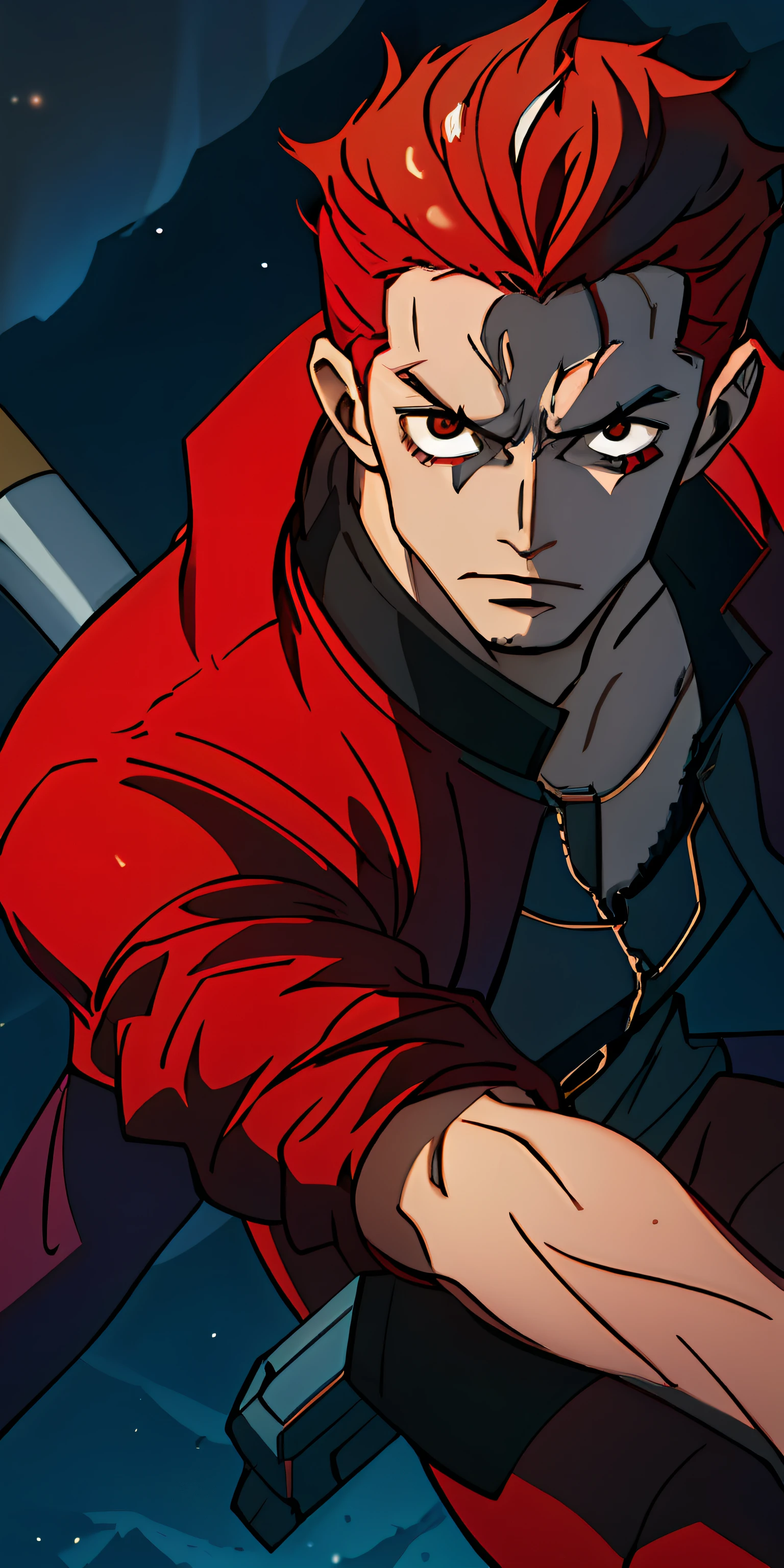 A handsome boy,16 yaers old,red tinted hair,Holding a tech gun