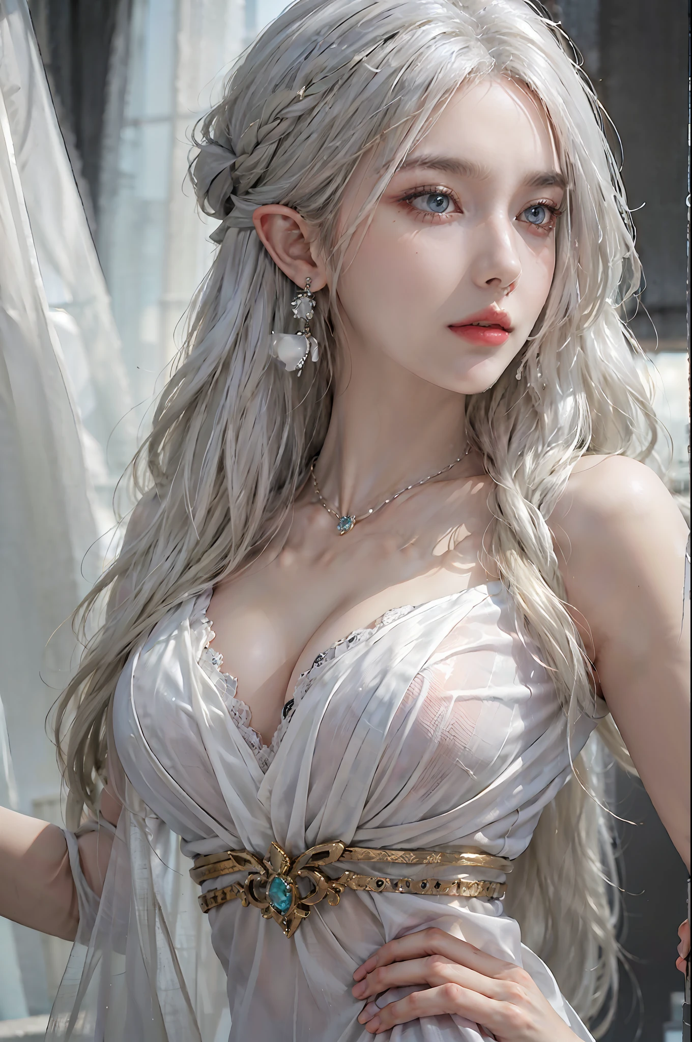photorealistic, high resolution, 1 woman, solo, hips up, detailed face, beautiful eyes, narrow waist, white hair, long hair, huge breast, bracelets,elegant necklace, elegant diamond earrings, dress, earrings, elf
