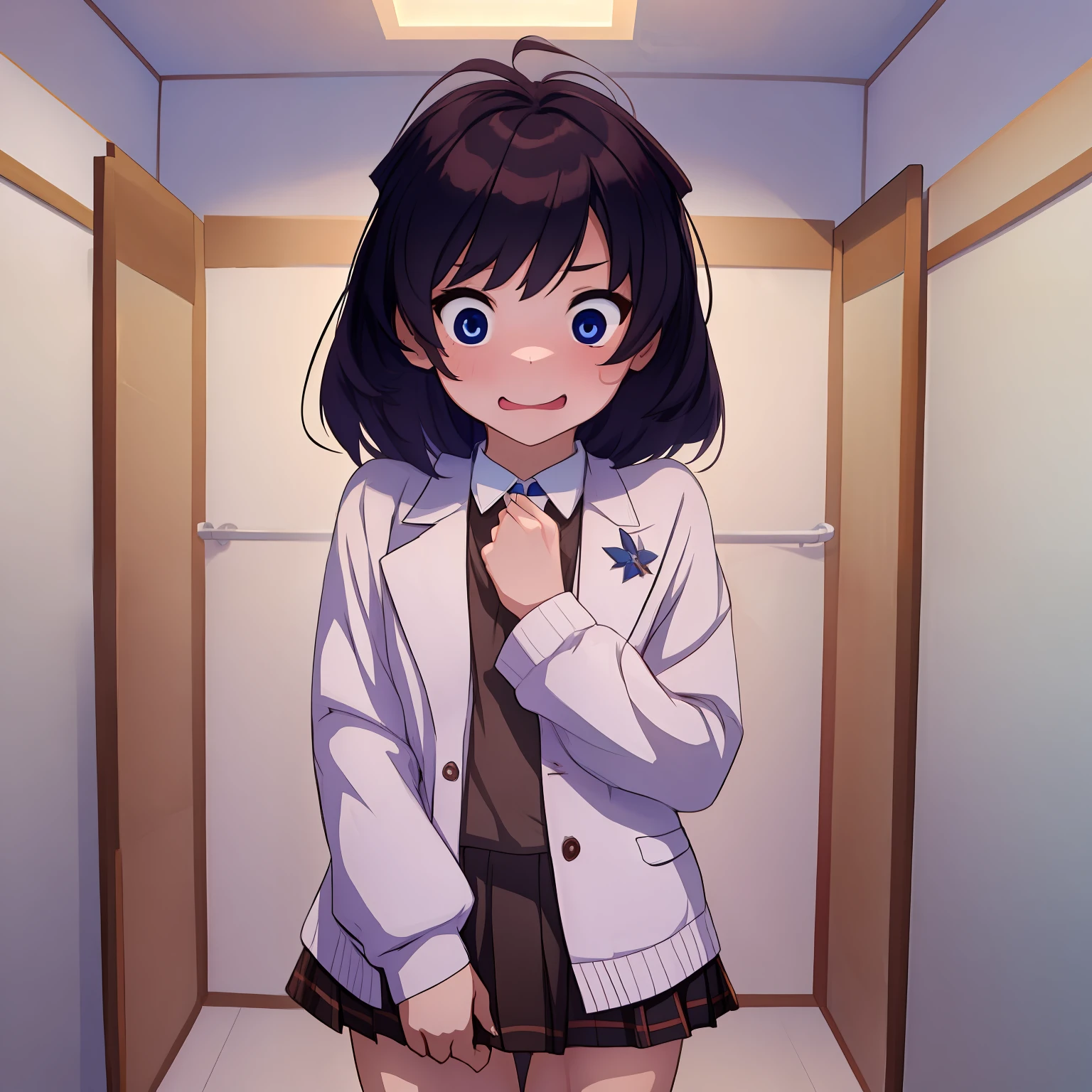 (masterpiece, best quality), (1girl, cute, surprised, underwear, detailed outfit), changing room, school, embarrassed, changing her underwear