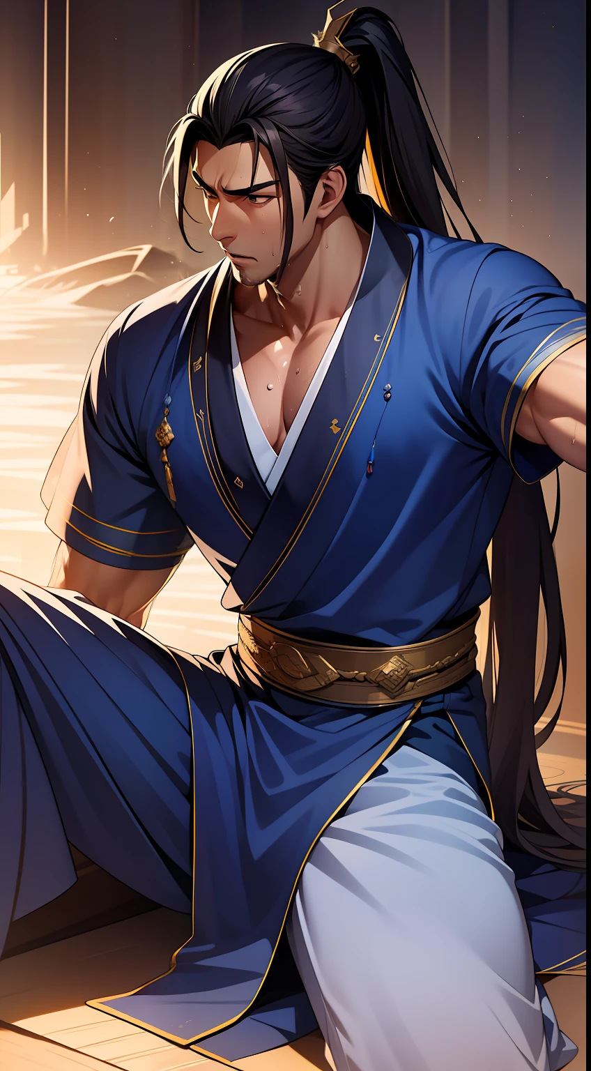 quadratic element,style of anime,mtu(Male Warrior),musculature,The proportions are correct,Face details,swordsmen,High ponytail hairstyle,perspired,Sweat on the face,drools,Neck details,There is an Adam's apple,Get wet,Drenched,Black Hanfu,kaftan,Embroidered robes,Black robe,clothes details,Handing over,longer sleeves,Game quality,Swordsmanship,Light and shadow tracking,Ray traching,detailed glow,cg render,hair detail,cabelos preto e longos,Golden eyes,Sweat on the face,Handsome,Handsome,Beads of sweat slipped down my neck,(juvenile sense),Clothing is complicated,Drenched,Get wet,Perfectcomposition,Refinement,high qulity,higher details,Lots of details,The background is complex,a sense of atmosphere,