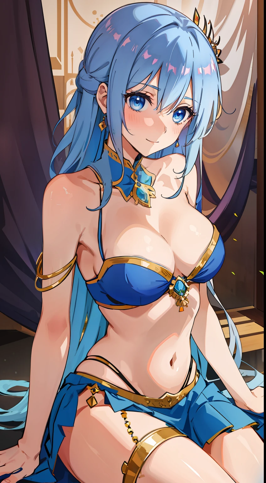 shikimori, medium breast, slim legs, blue gown, navel, skirt, standing, beautiful eyes, blue eyes, happy, arabian belly dancer, stage, sitting