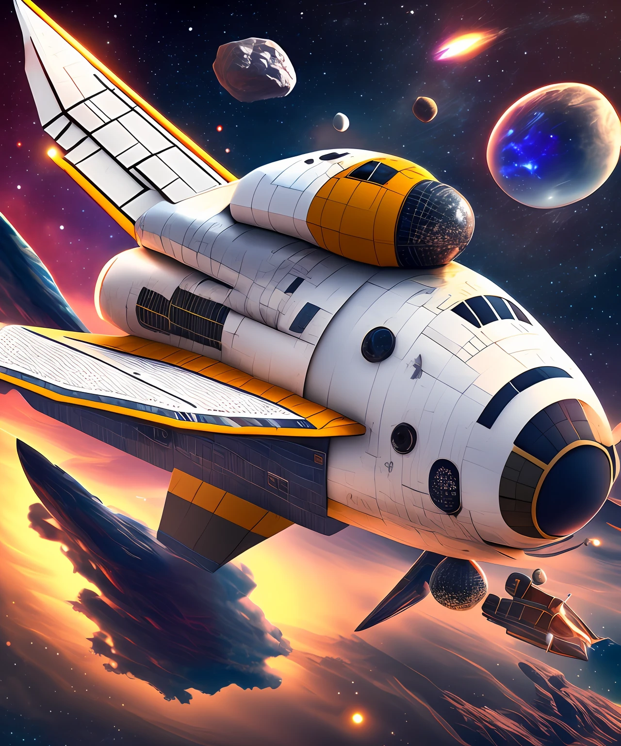 Space shuttle in the form of a big angry bee. It flies over the planet, through asteroids. Close-up. Warm, muted colors. Lots of details. Super photorealistic. Frame from the film. Disney style cartoon. fantasy blurred space background. Light haze. --auto --s2