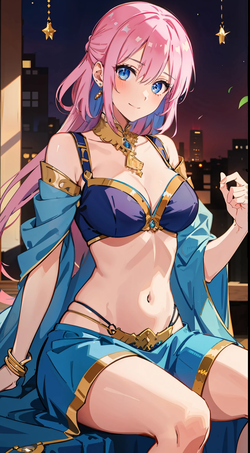 shikimori, medium breast, slim legs, blue gown, navel, skirt, standing, beautiful eyes, blue eyes, happy, arabian belly dancer, stage, sitting