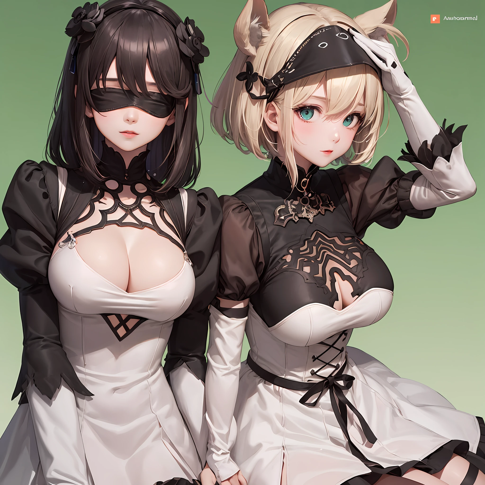 Yoha No. 2 Type B,1girl,wlop,(Blindfolded),nedium breasts,cleavage,cleavage cutout,clothing cutout,Green background,Hair between both eyes,shairband,A high resolution,Juliet sleeves,longer sleeves,nier(series),nier automata,Fluffy sleeves,Redlip,shaded face,short detailed hair,独奏,high-necksweater,The upper part of the body,whaite hair,Sky Exhibitionism --auto