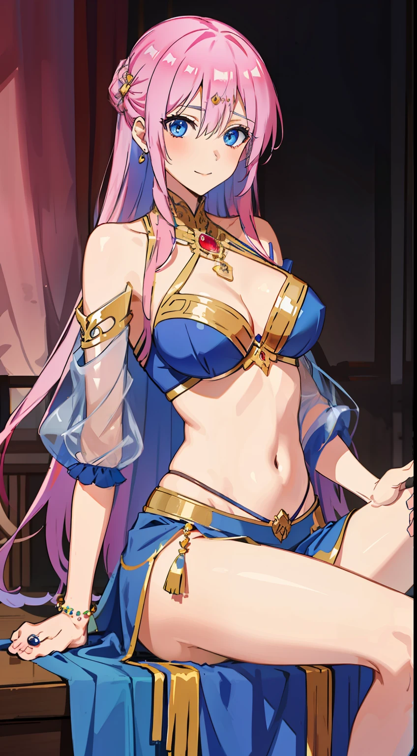 shikimori, medium breast, slim legs, blue gown, navel, skirt, standing, beautiful eyes, blue eyes, happy, arabian belly dancer, stage, sitting
