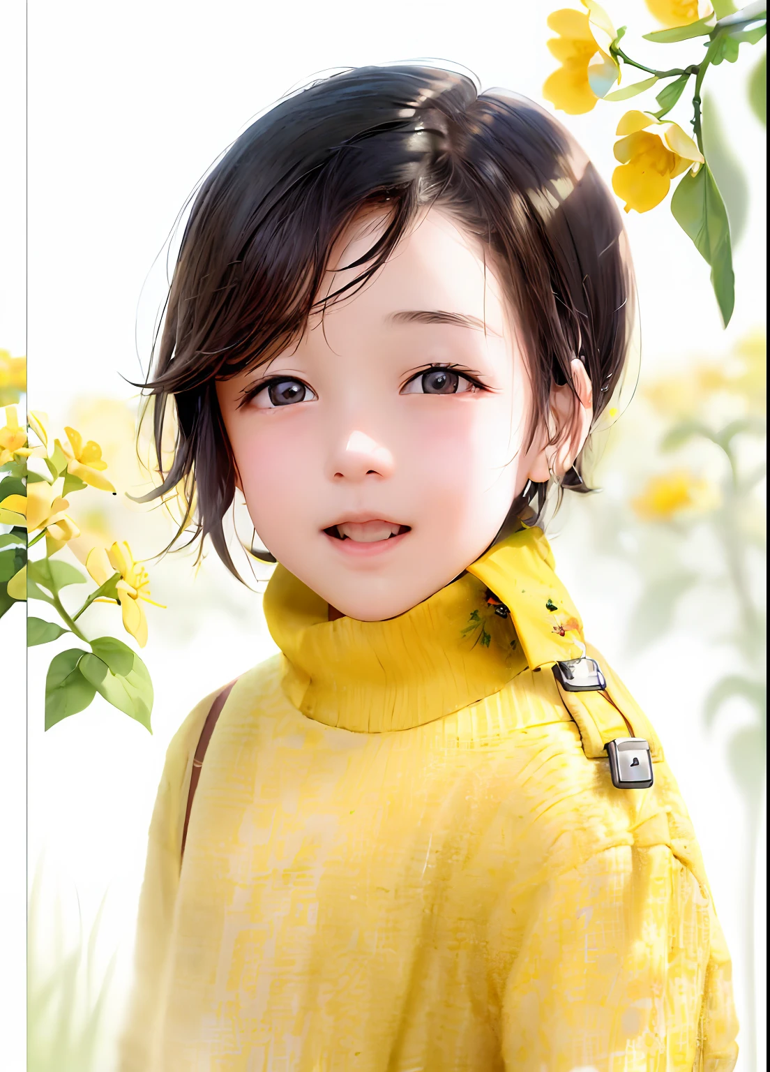 A handsome little boy carrying a backpack,With her cute puppy,Enjoy a lovely spring excursion surrounded by beautiful yellow flowers and nature。The illustration is a high-definition illustration in 4K resolution,featuring highly detailed facial features and cartoon-style visuals,(Butterfly dance)