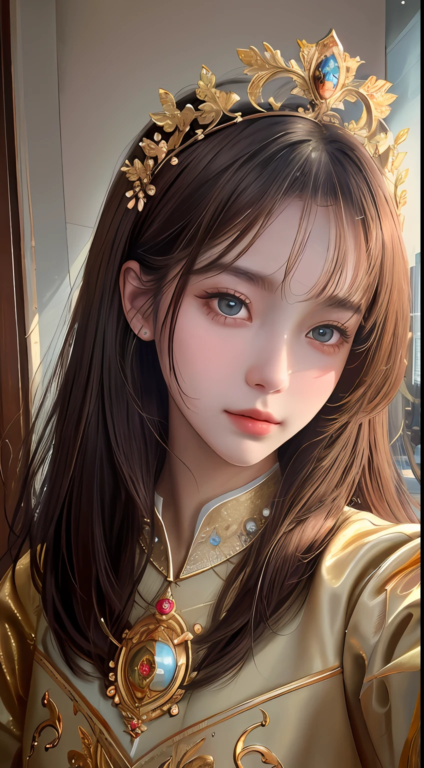 Best Quality, Masterpiece, Super High Resolution, (Realism: 1.4), Original Photo, (Real Skin Texture: 1.3), (Film Grain: 1.3), (Selfie Angle), 1 Girl, Beautiful Eyes and Face Details, Masterpiece, Best Quality, Close-up, Upper Body Highest Quality Picture Quality Full, The zodiac art style