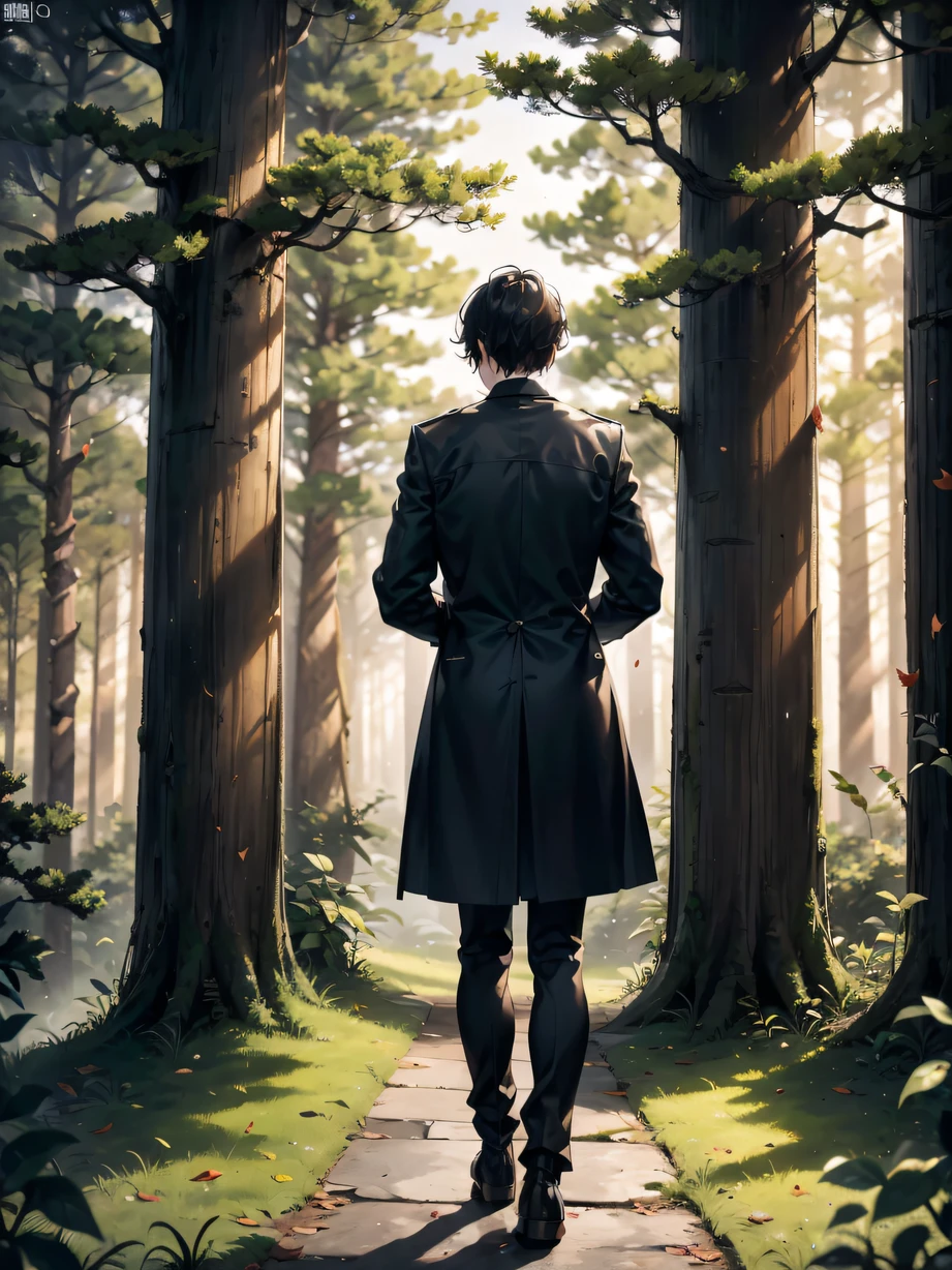 ,masterpiece, best quality,8k, ultra highres,In a mist-shrouded forest,A young man stands alone on a silent path。He turned his back to the audience,The body is slightly squirmish,With a heavy sad expression。Leaves fall from the trees,As if echoing his mood。