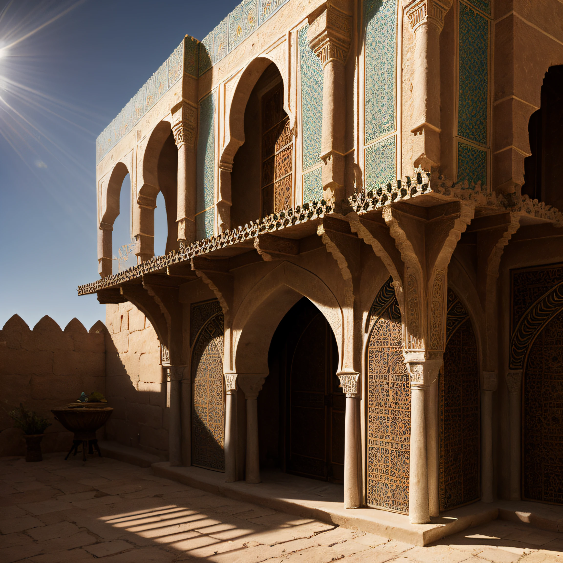 close up depiction of a medieval fantasy north african traditional house, exterior, medieval fantasy north african architecture, elaborate, in a medieval fantasy north african traditional city, (backlighting), realistic, masterpiece, highest quality, lens flare, shade, bloom, [[chromatic aberration]], by Jeremy Lipking, by Antonio J. Manzanedo, digital painting