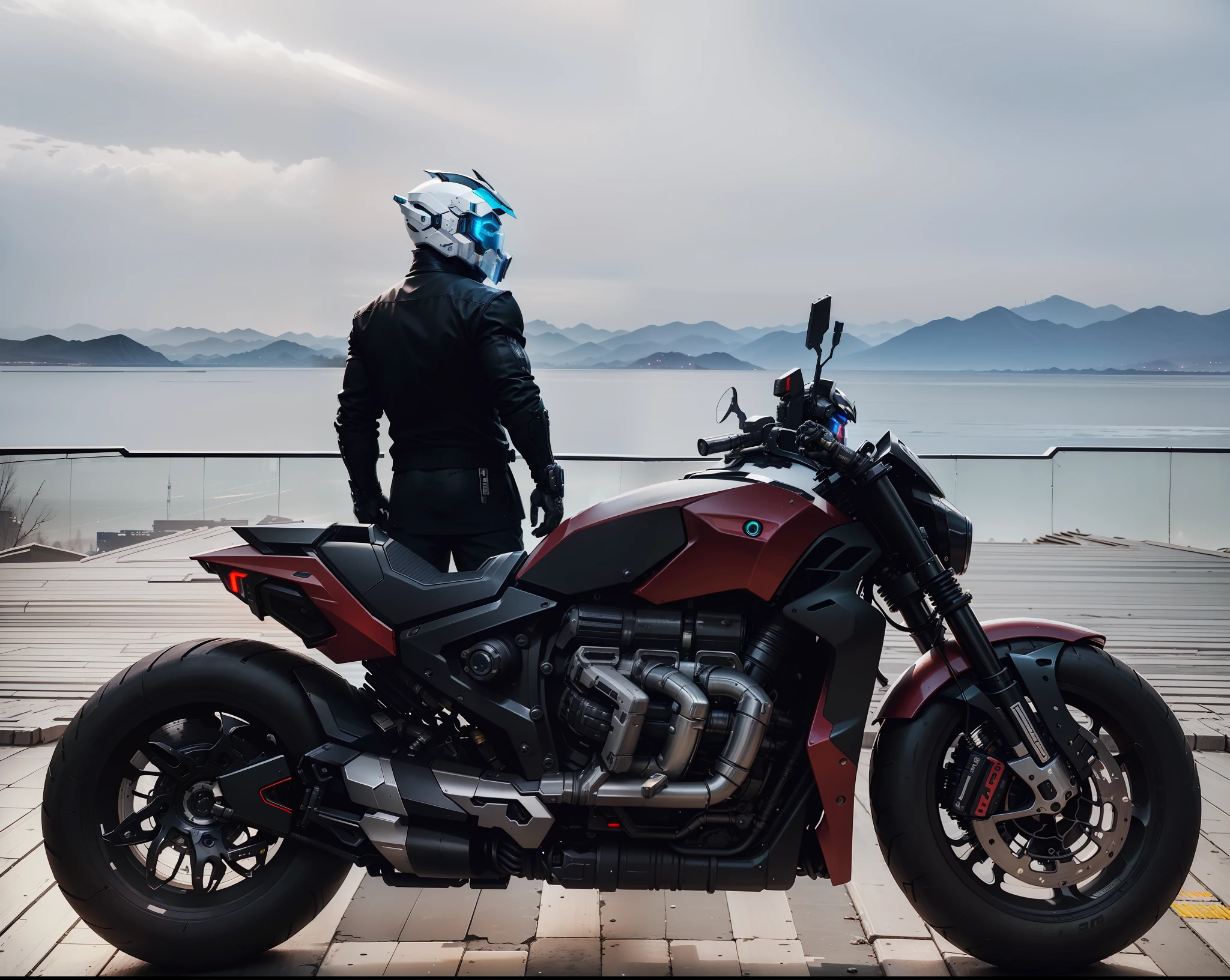 Handsome cyberpunk mech warrior,Black cyberpunk mech costume,High-tech black full enveloping helmet,Biomechanicals, MSHN Robot Man,High-tech helmet,hyper realisitc, Steel, Complex design, insanely details, finely detailled, Extremely clear lines, cinmatic lighting, photograph realistic, A detailed masterpiece