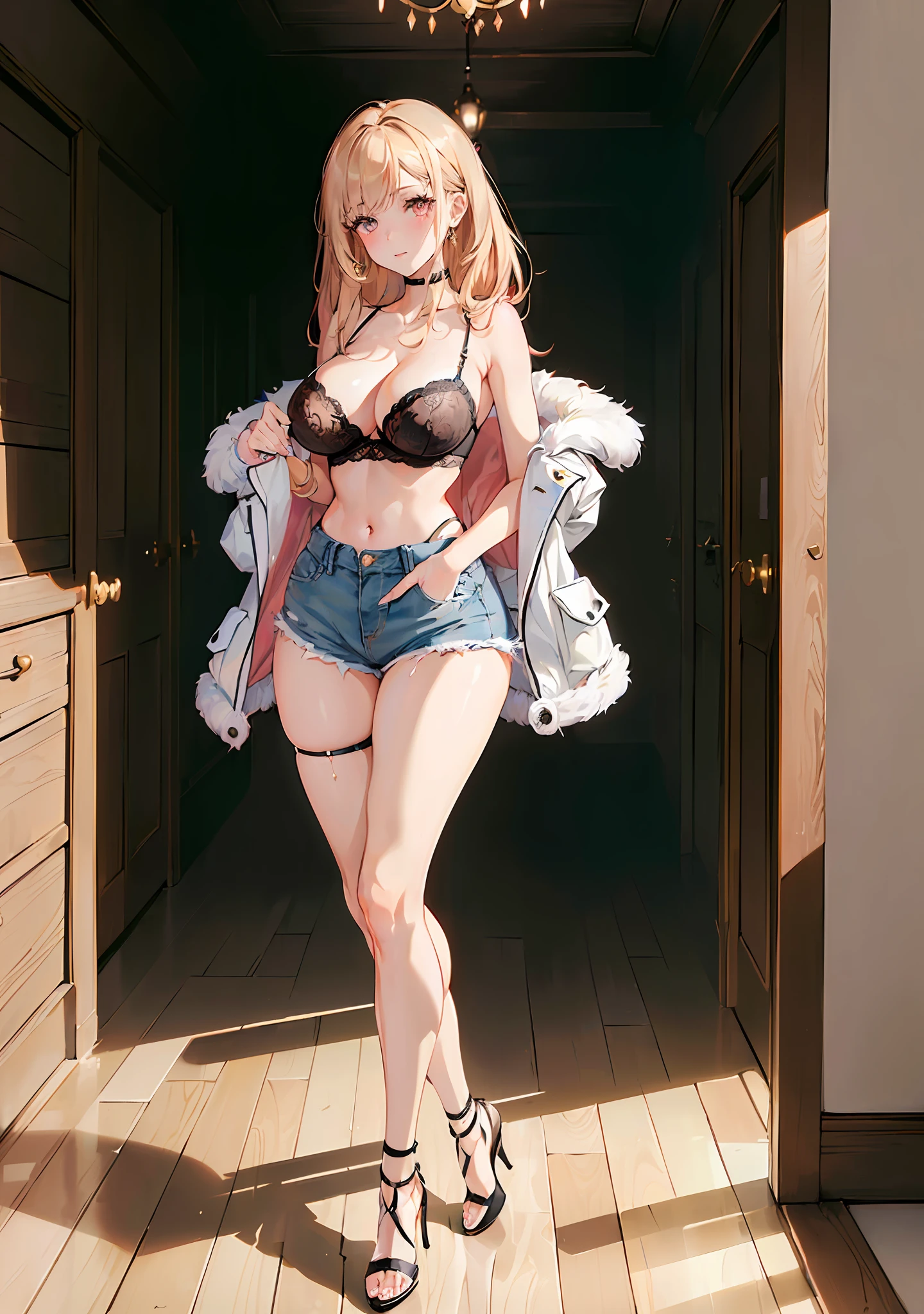 ((((masterpiece, best quality, high resolution)))), 1girl, average breasts, blush, light smile, glow, thighs, bare shoulders, collarbone, narrow waist, cleavage, (beautiful detailed face, beautiful detailed eyes), (oversized short faux fur coat, white lace bra, ripped denim shorts, high heels),