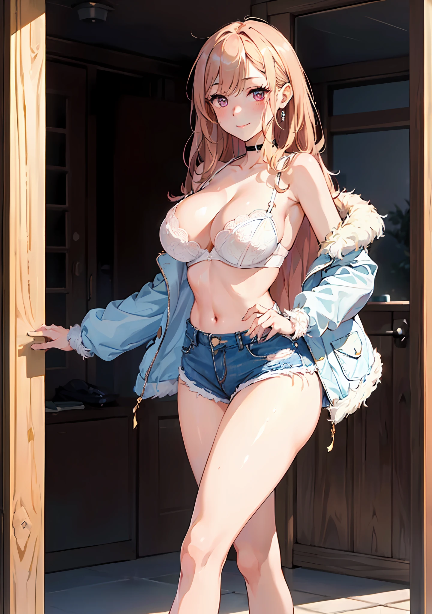 ((((masterpiece, best quality, high resolution)))), 1girl, average breasts, blush, light smile, glow, thighs, bare shoulders, collarbone, narrow waist, cleavage, (beautiful detailed face, beautiful detailed eyes), (oversized short faux fur coat, white lace bra, ripped denim shorts, high heels),