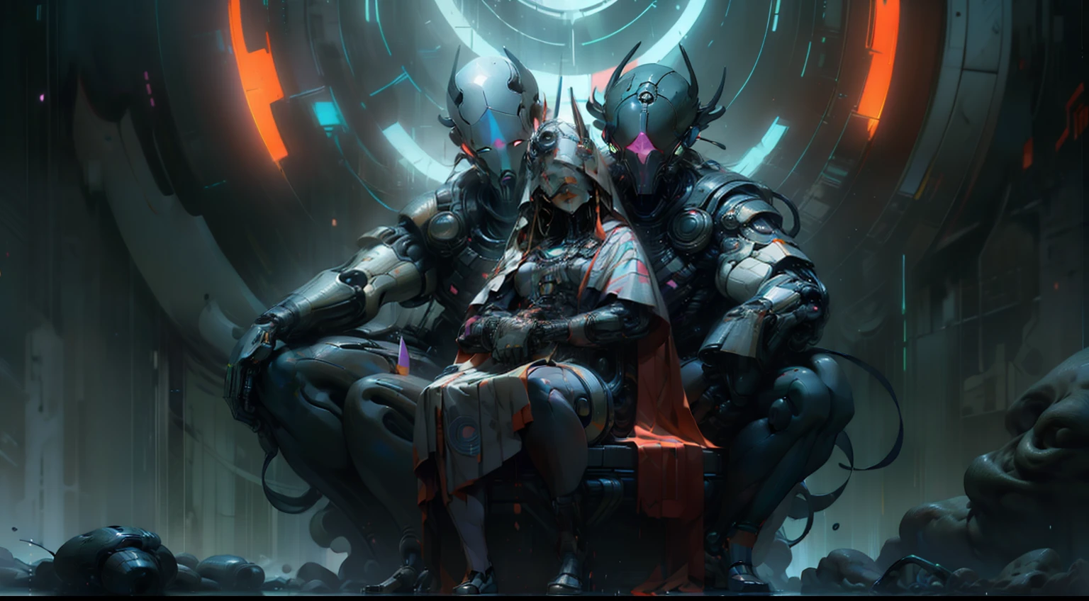 indigenous futurism, indian cybernetic cyborg goddess, cyberpunk, the style of fantastical fantasy compositions, dark prism, eye-catching metallic compositions, symmetrical arrangements, eye-catching iridescent red, blue, green,yellow,bright neon,luminous, distinctive noses, ethereal,bloody colorful, eye-catching compositions with rainbow prism,high resolution, masterpiece,composite cybernetic metallic bodysuit, indigenous cybernetic jewellery and ornaments,symmetrical design ,character concept art,Rendered in Octane,trending in artstation, cgsociety, 8khighly detailed,Junji Murakami, Mucha Klimt, Sharandula, Hiroshi Yoshida, Tom Bagshaw, Ross Tran, Artgerm,Craig Mullins,dramatic,Junji Murakami, moody lighting post-processing,cinematic lighting ,ar 2:3 –uplight