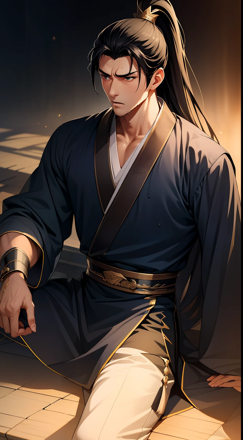quadratic element,style of anime,mtu(Male Warrior),musculature,The proportions are correct,Face details,swordsmen,High ponytail hairstyle,perspired,Sweat on the face,drools,Neck details,There is an Adam's apple,Get wet,Drenched,Black Hanfu,kaftan,Embroidered robes,Black robe,clothes details,Handing over,longer sleeves,Game quality,Swordsmanship,Light and shadow tracking,Ray traching,detailed glow,cg render,hair detail,cabelos preto e longos,Golden eyes,Sweat on the face,Handsome,Handsome,Beads of sweat slipped down my neck,(juvenile sense),Clothing is complicated,Drenched,Get wet,Perfectcomposition,Refinement,high qulity,higher details,Lots of details,The background is complex,a sense of atmosphere,