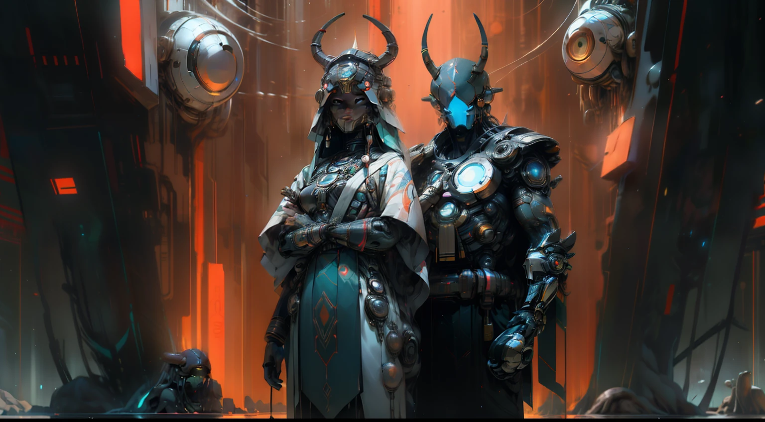 indigenous futurism, indian cybernetic cyborg goddess, cyberpunk, the style of fantastical fantasy compositions, dark prism, eye-catching metallic compositions, symmetrical arrangements, eye-catching  iridescent red, blue, green,yellow,bright neon,luminous, distinctive noses, ethereal,bloody colorful, eye-catching compositions with rainbow prism,high resolution, masterpiece,composite cybernetic metallic  bodysuit, indigenous cybernetic jewellery and ornaments,symmetrical design ,character concept art,Rendered in Octane,trending in artstation, cgsociety, 8khighly detailed,Junji Murakami, Mucha Klimt, Sharandula, Hiroshi Yoshida, Tom Bagshaw, Ross Tran, Artgerm,Craig Mullins,dramatic,Junji Murakami, moody lighting  post-processing,cinematic lighting ,ar 2:3 –uplight