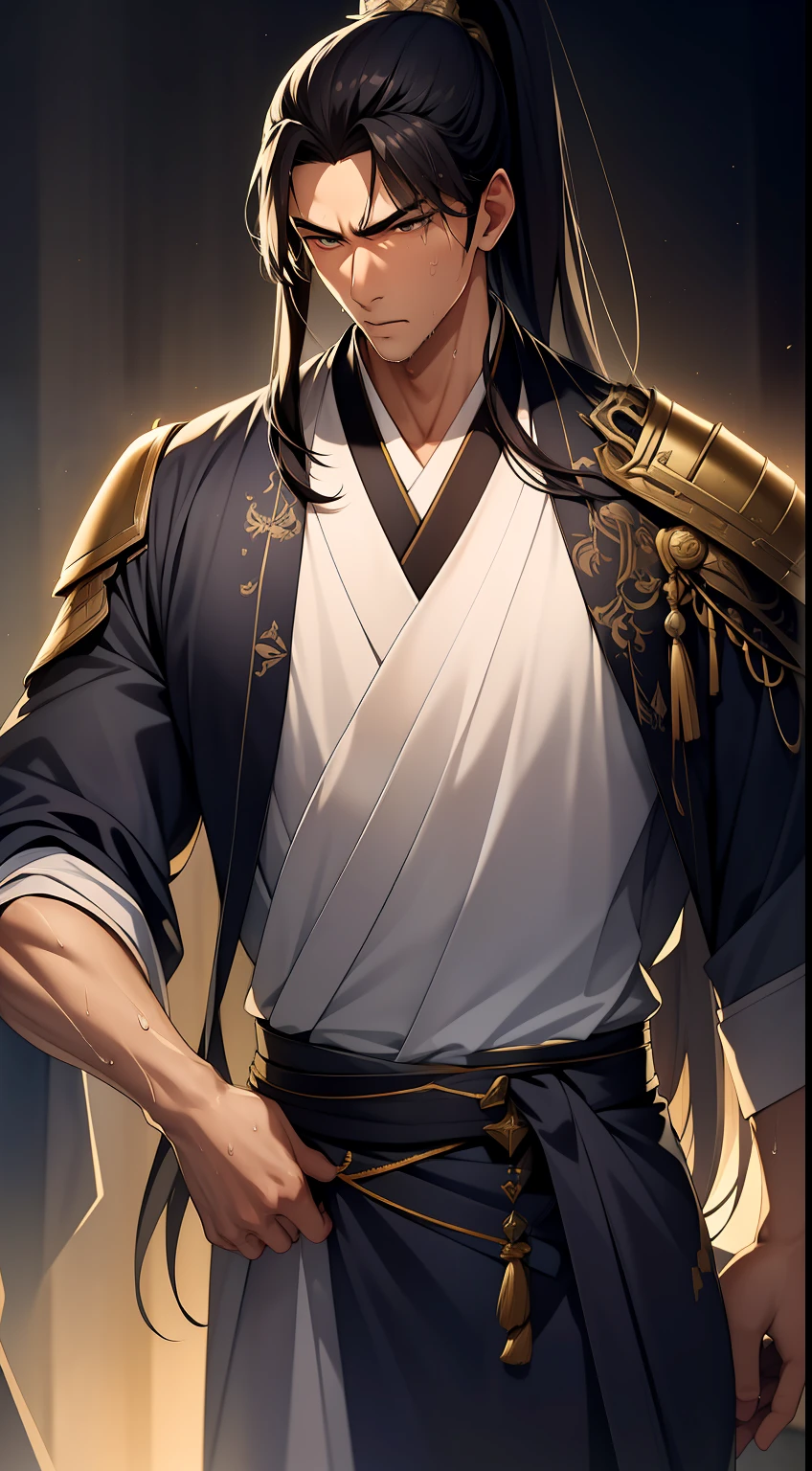 quadratic element，style of anime，mtu（Male Warrior），musculature，The proportions are correct，Face details，swordsmen，High ponytail hairstyle，perspired，Sweat on the face，drools，Neck details，There is an Adam's apple，Get wet，Drenched，Black Hanfu，kaftan，Embroidered robes，Black robe，clothes details，Handing over，longer sleeves，Game quality，Swordsmanship，Light and shadow tracking，Ray traching，detailed glow，cg render，hair detail，cabelos preto e longos，Golden eyes，Sweat on the face，Handsome，Handsome，Beads of sweat slipped down my neck，（juvenile sense），Clothing is complicated，Drenched，Get wet，Perfectcomposition，Refinement，high qulity，higher details，Lots of details，The background is complex，a sense of atmosphere，