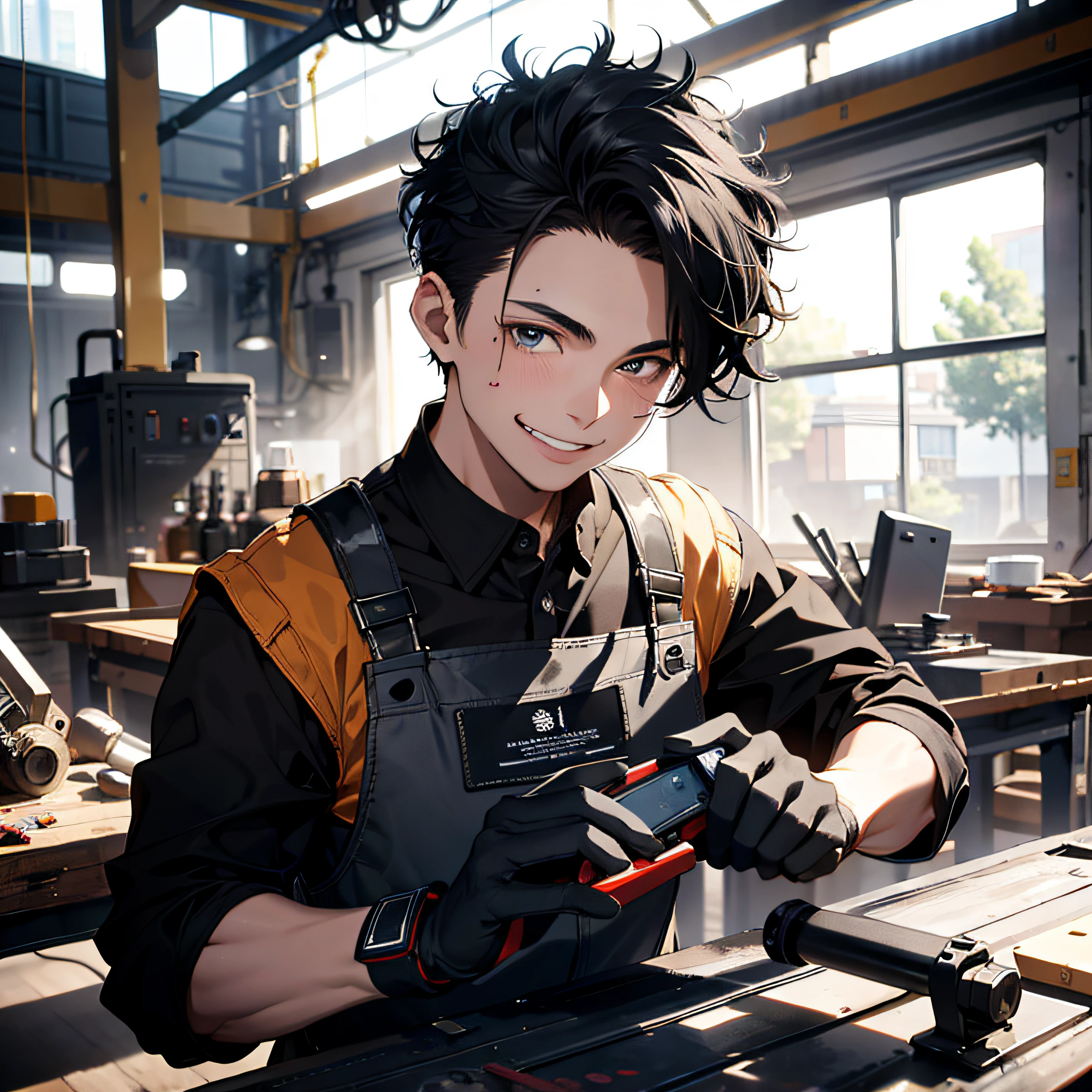 Absurd resolution, high resolution, (masterpiece: 1.4), hyper-detail, young man's messy short black hair, welder dressed up, grinning look, factory high-tech workbench, technology sense screen
