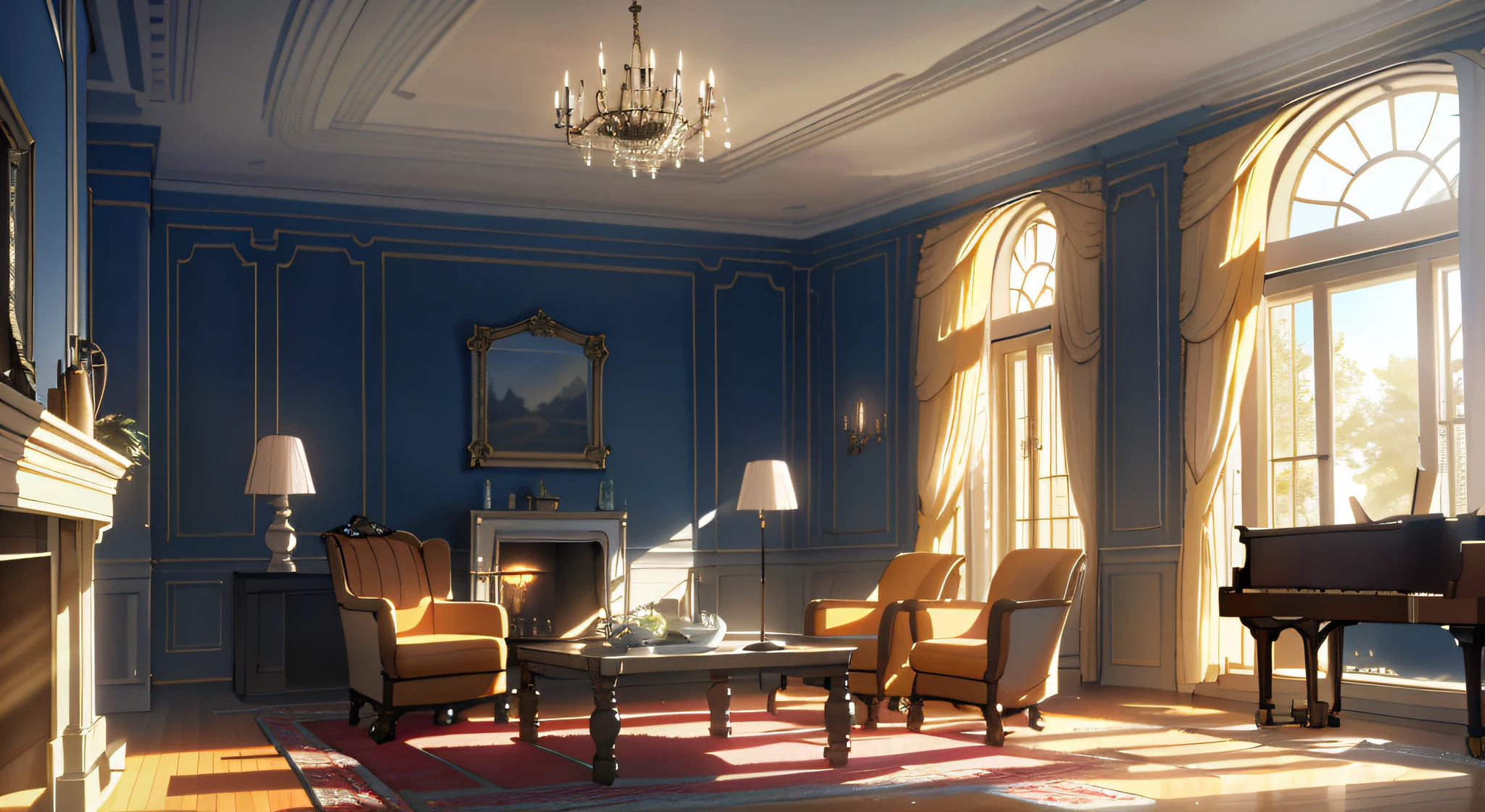 Bright early morning lighting, Scenes，liveroom，pianos，fireplace，carpets，sofe，liveroom，well-illuminated， morning lighting, the morning sun, unreal-engine，;Sunshine in the early morning hours, morning lighting,In the daytime，Morning，Well-lit room，Increased brightness