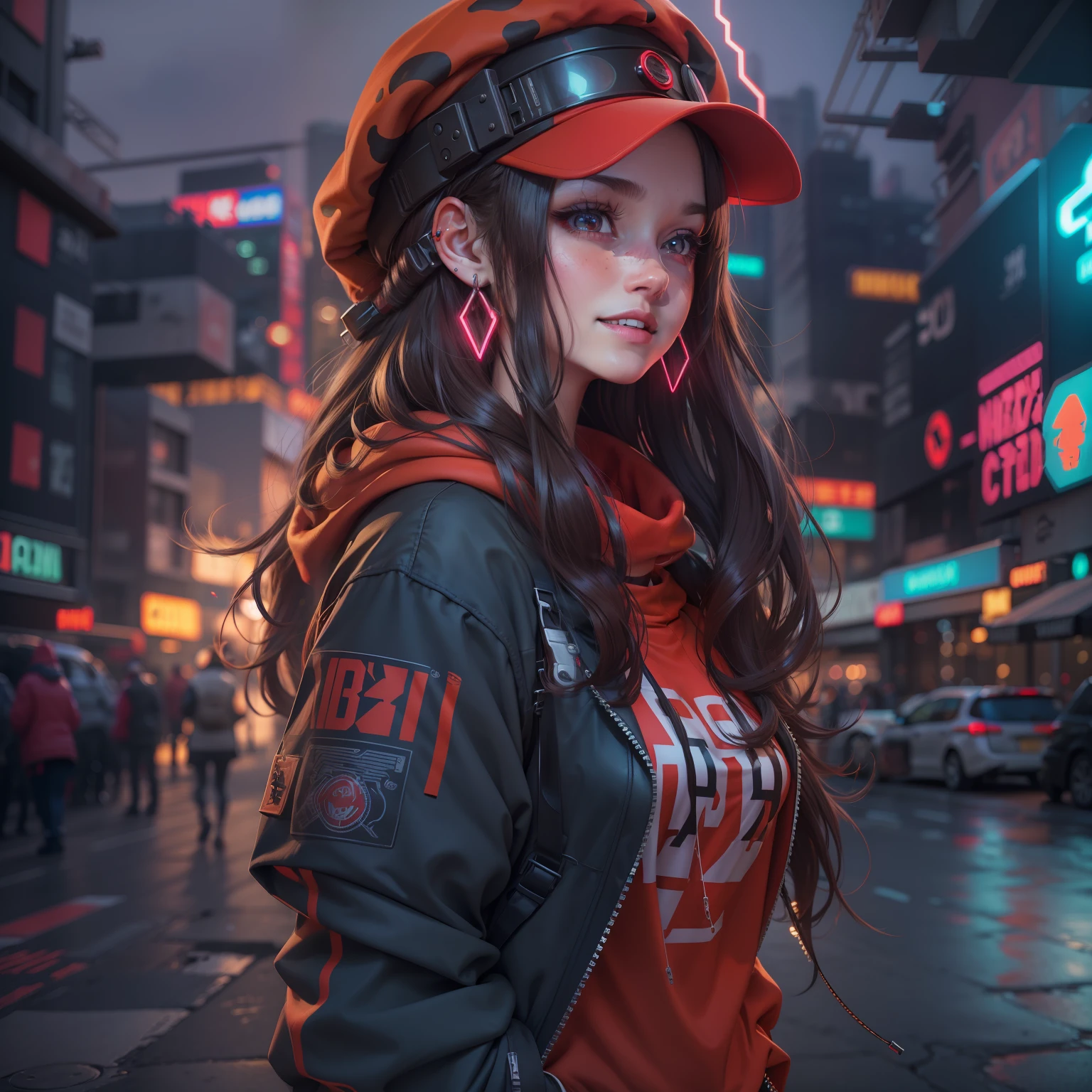 1 girl, beautiful, giggle, wearing red hat, earrings, red camouflage, red sweatshirt, red leggings, long hair, brown hair, mascara, nasolabial , standing, middle, navy, earrings, (reality: 1.5), cyberpunk, neon city, neon, 3D, CGI, volumetric lightning, white sclera, brown eyes