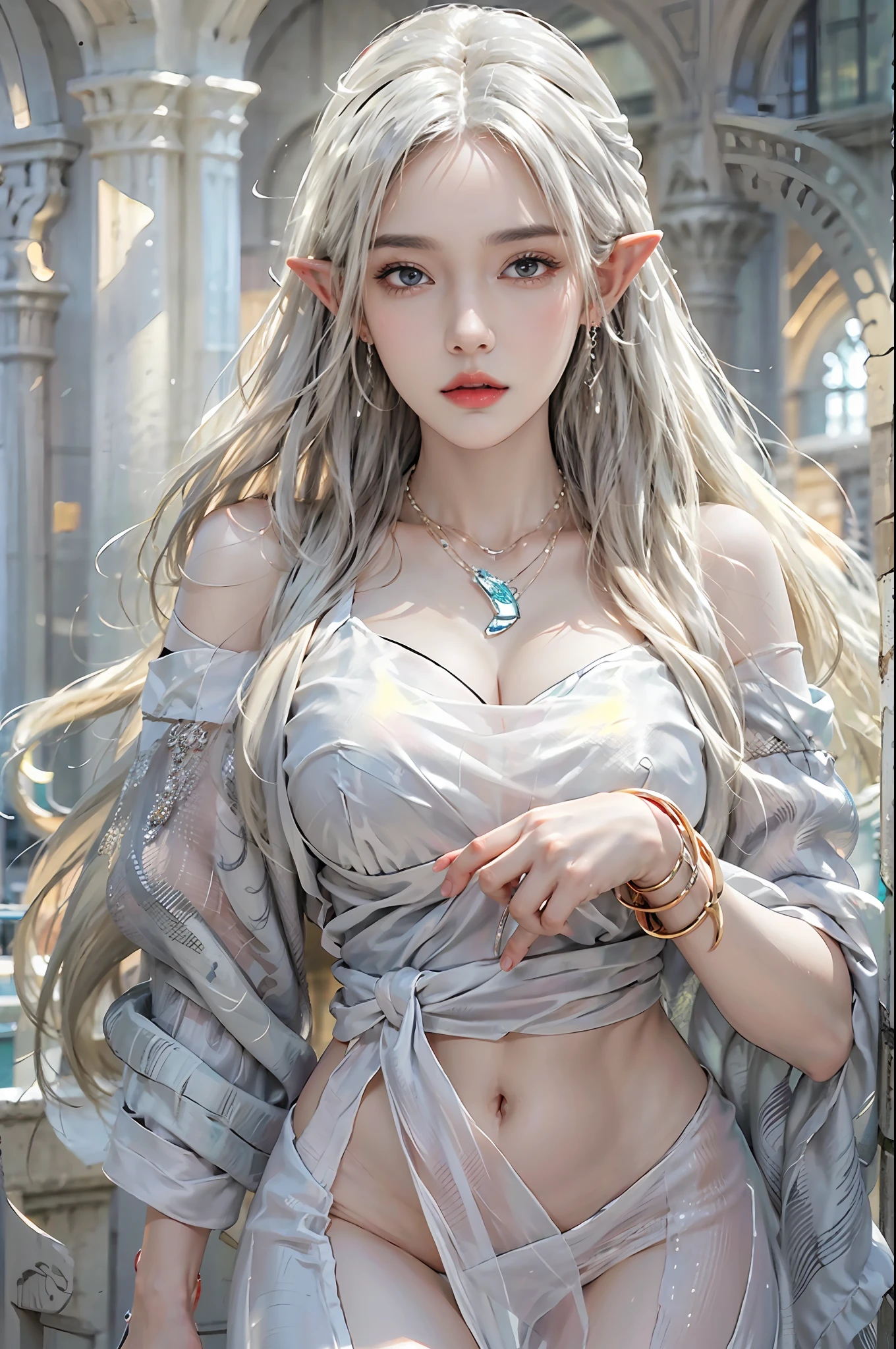 photorealistic, high resolution, 1 woman, solo, hips up, detailed face, beautiful eyes, narrow waist, white hair, long hair, huge breast, bracelets,elegant necklace, elegant diamond earrings, dress, earrings, elf