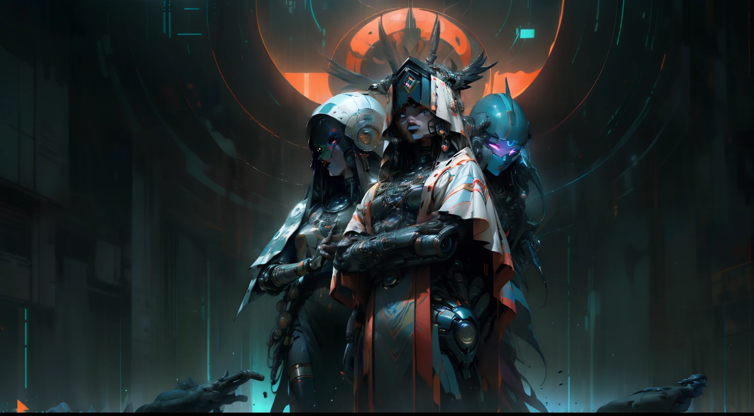 indigenous futurism, indian cybernetic cyborg goddess, cyberpunk, the style of fantastical fantasy compositions, dark prism, eye-catching metallic compositions, symmetrical arrangements, eye-catching iridescent red, blue, green,yellow,bright neon,luminous, distinctive noses, ethereal,bloody colorful, eye-catching compositions with rainbow prism,high resolution, masterpiece,composite cybernetic metallic bodysuit, indigenous cybernetic jewellery and ornaments,symmetrical design ,character concept art,Rendered in Octane,trending in artstation, cgsociety, 8khighly detailed,Junji Murakami, Mucha Klimt, Sharandula, Hiroshi Yoshida, Tom Bagshaw, Ross Tran, Artgerm,Craig Mullins,dramatic,Junji Murakami, moody lighting post-processing,cinematic lighting ,ar 2:3 –uplight