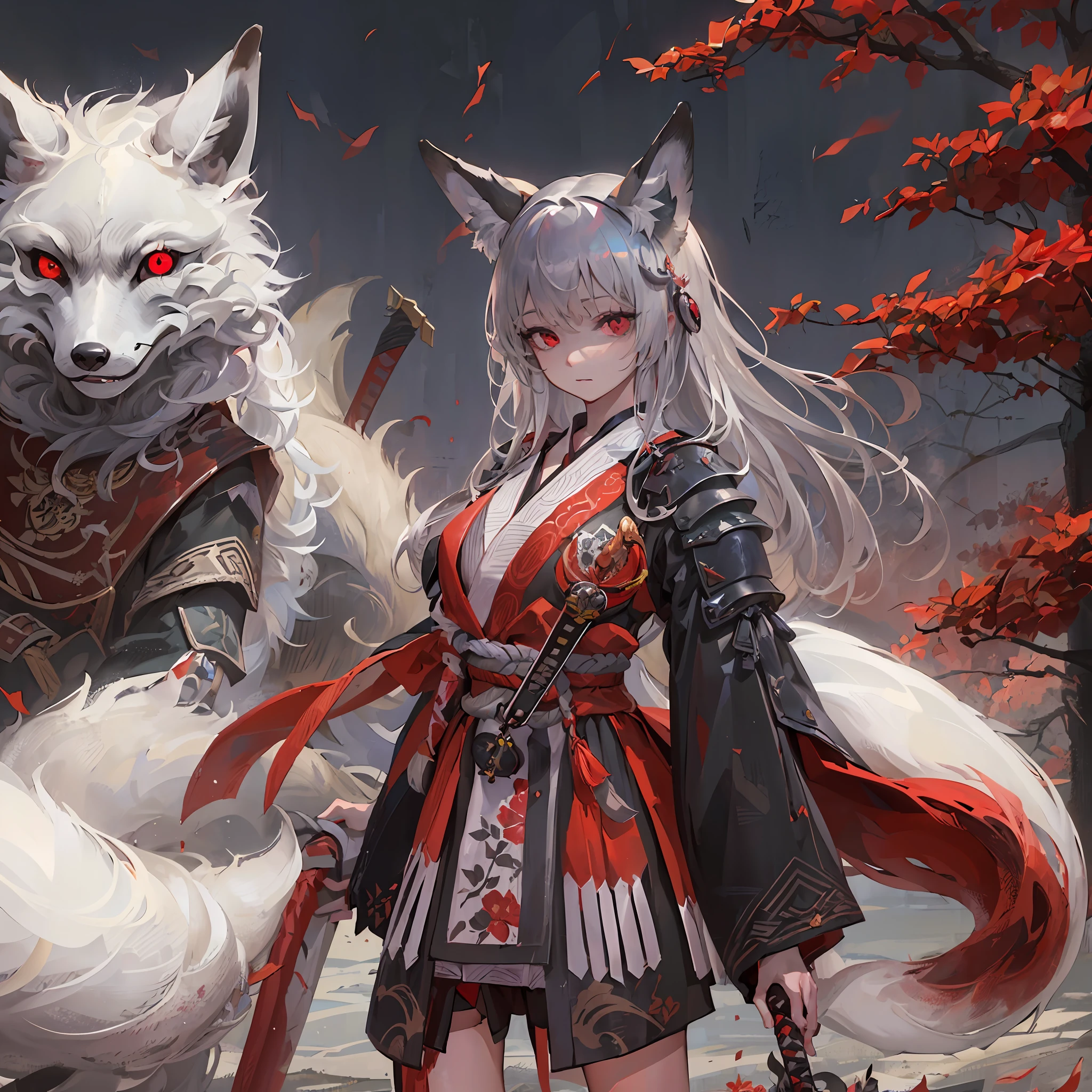 (Best quality), (masterpiece:1.3), (photorealistic:1.36), (realistic), ultra-detailed, 1girl, Loli, (not large tasty:!.4, Small breasts), This depicts a fox disguised as a girl, dressed in samurai clothing and holding a short straight sword and( an silver fox with red eyes in the background:1.6), the Wilderness of Evening Dusk, stand on the land, Lateral, looking at viewer, red torii