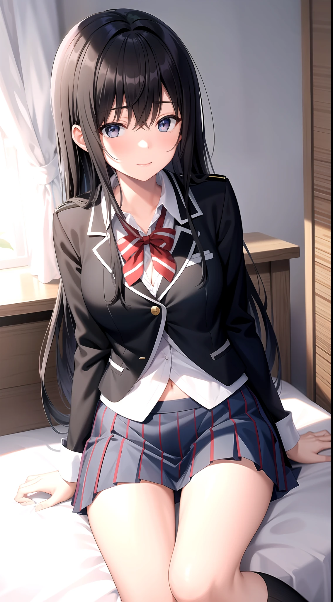 Yukino yukinoshita, long hair, medium breast, cleavage, navel, slim legs, black hair, blue eyes, short skirt, thigh high socks, teen, happy, school uniform, bedroom